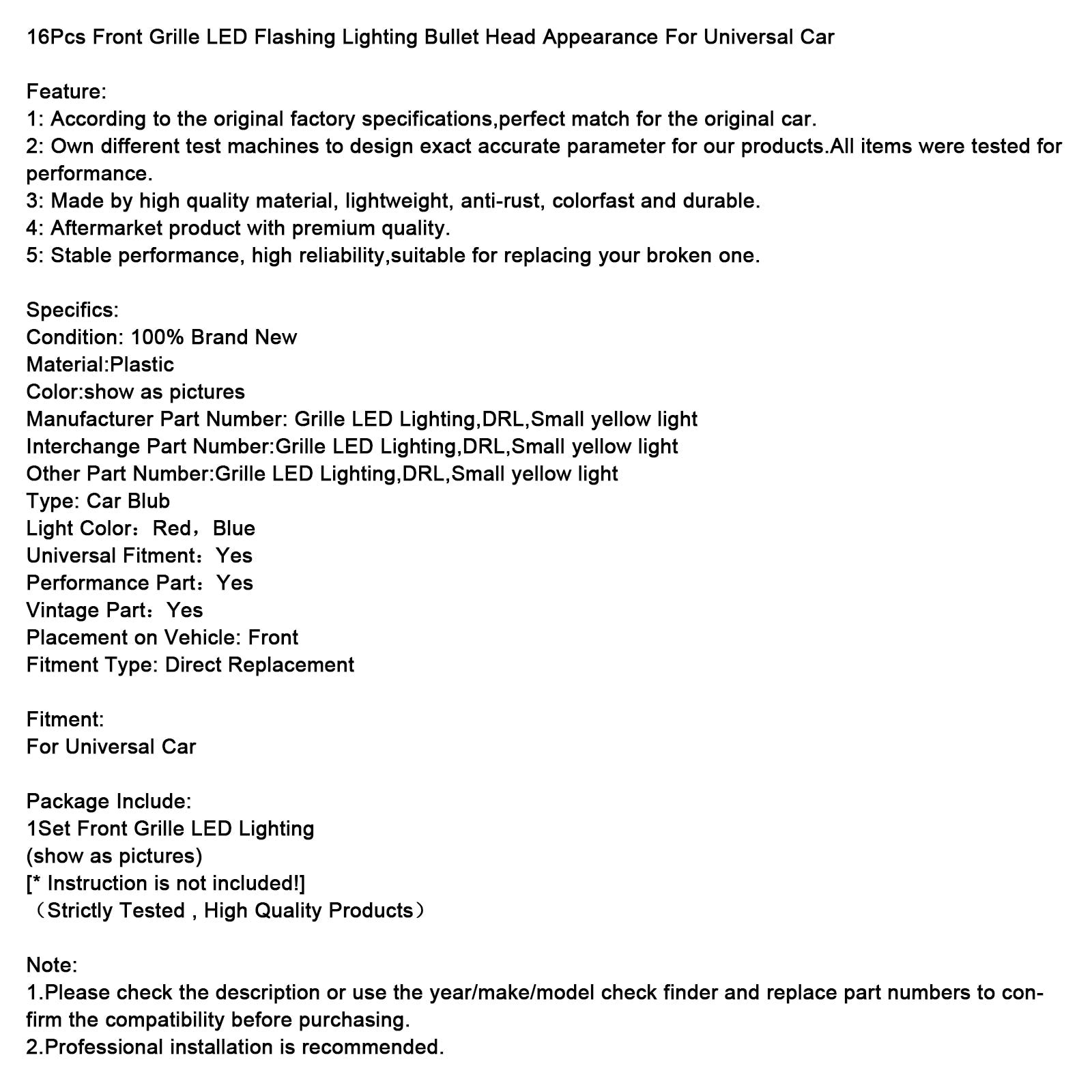 Conjunto de 16 luces intermitentes de luz para rejilla delantera, estilo de pelota, universal, para automóvil