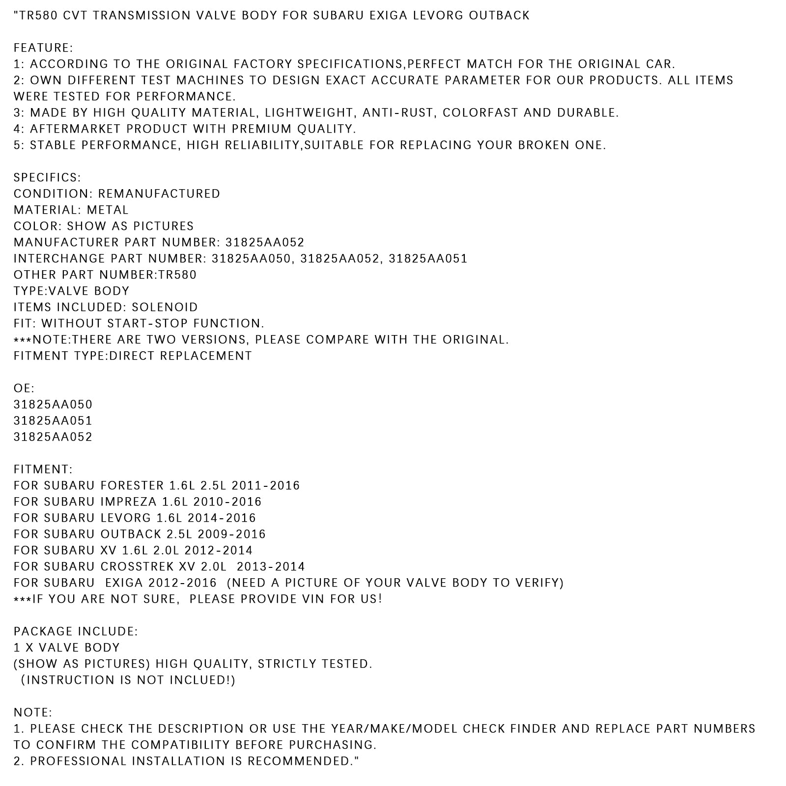 Corps de soupape de transmission CVT 31825AA052 pour Subaru Forester 1,6 L 2,5 L TR580 2011-2016