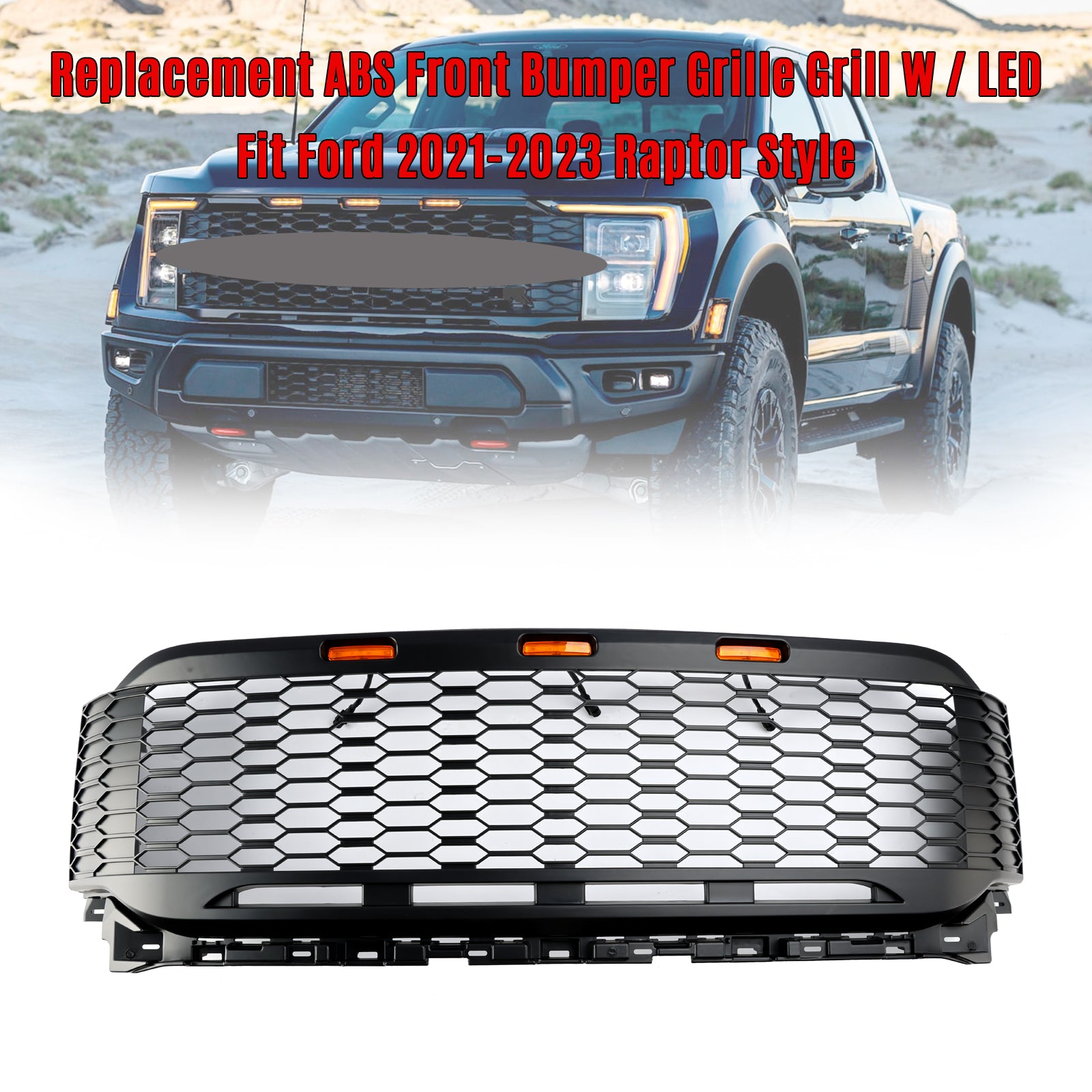 Rejilla de parachoques delantero ABS de repuesto para Ford F150 2021-2023 Raptor con LED