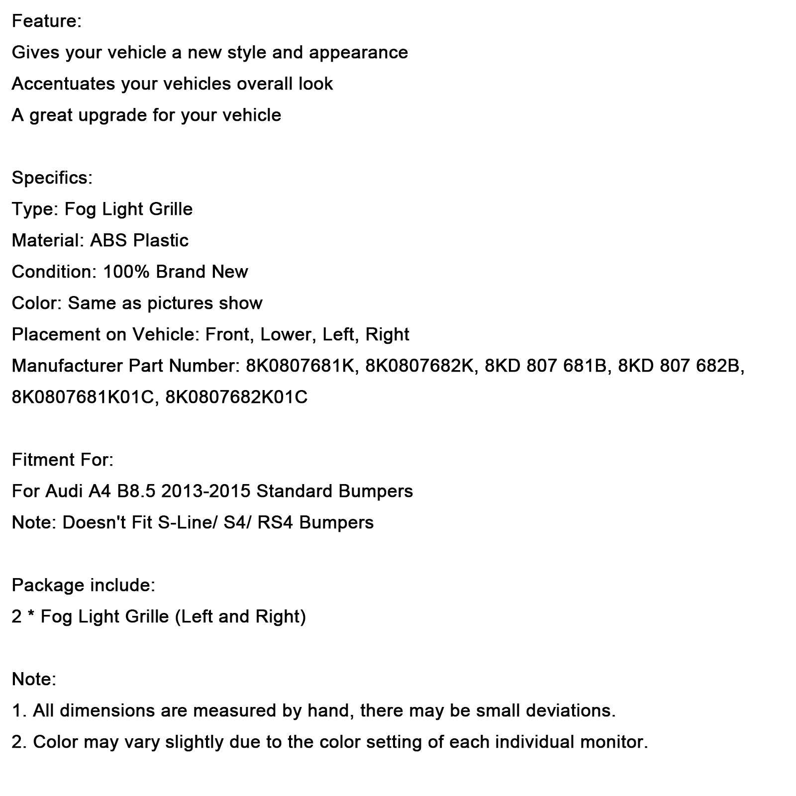 Fat Bee Nest Fog Holder voor Audi A4 B8.5 2013-2015, Standard Bumper