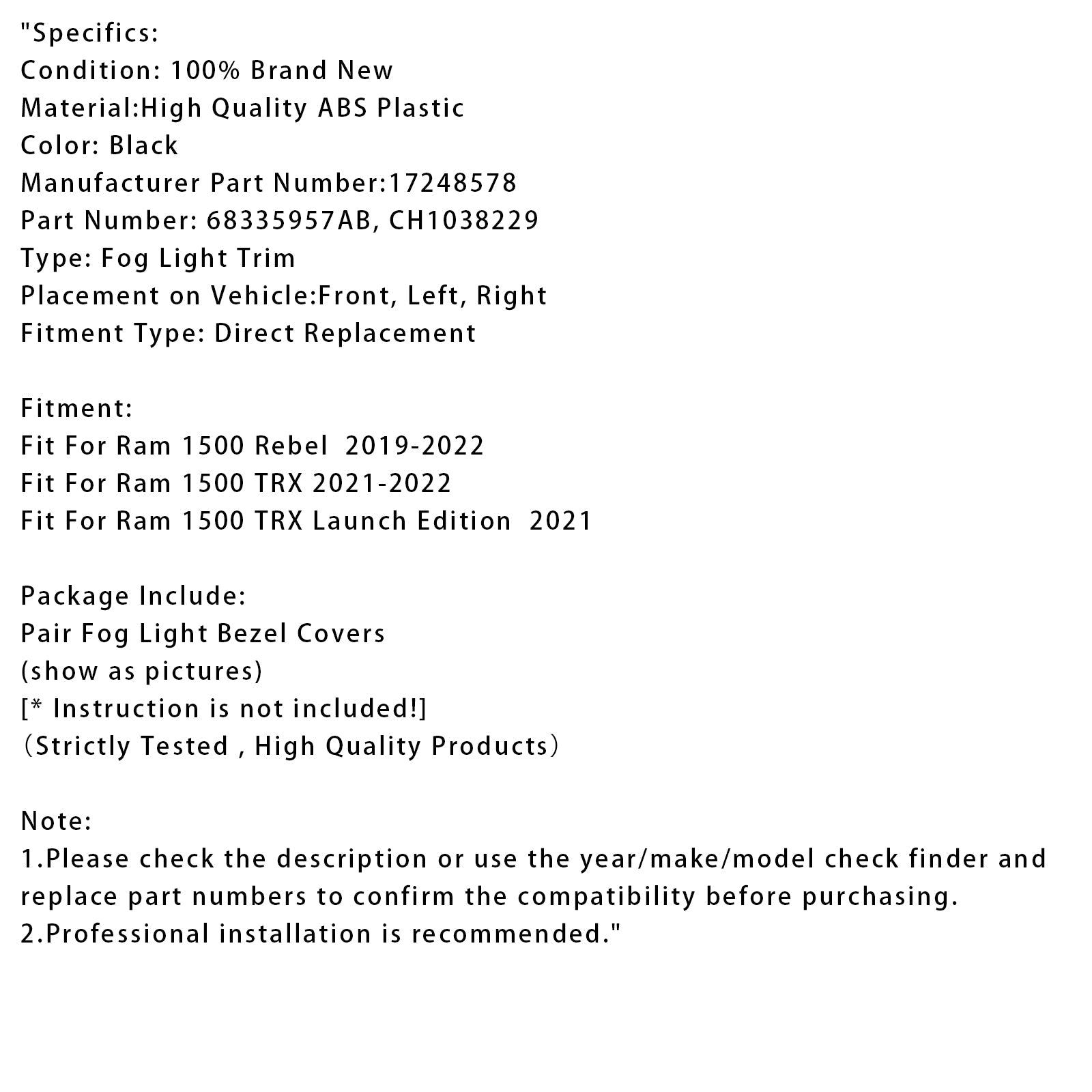 Paire de garnitures de phares antibrouillard pour Ram 1500 Rebel 2019-2022 68335957AB