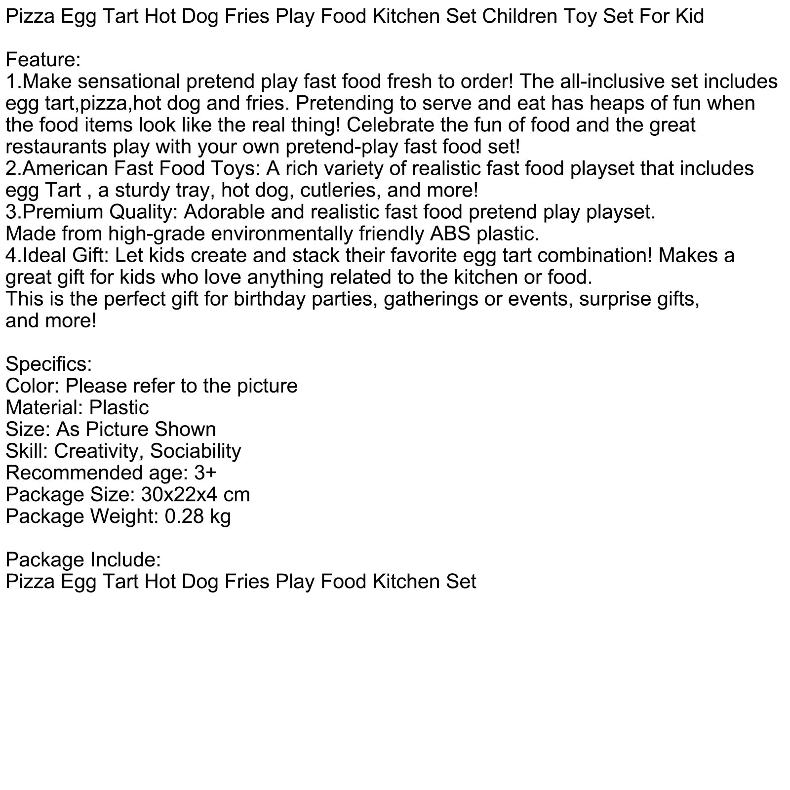 Pizza, œuf, tarte, hot-dog, frites, jeu de cuisine pour enfants