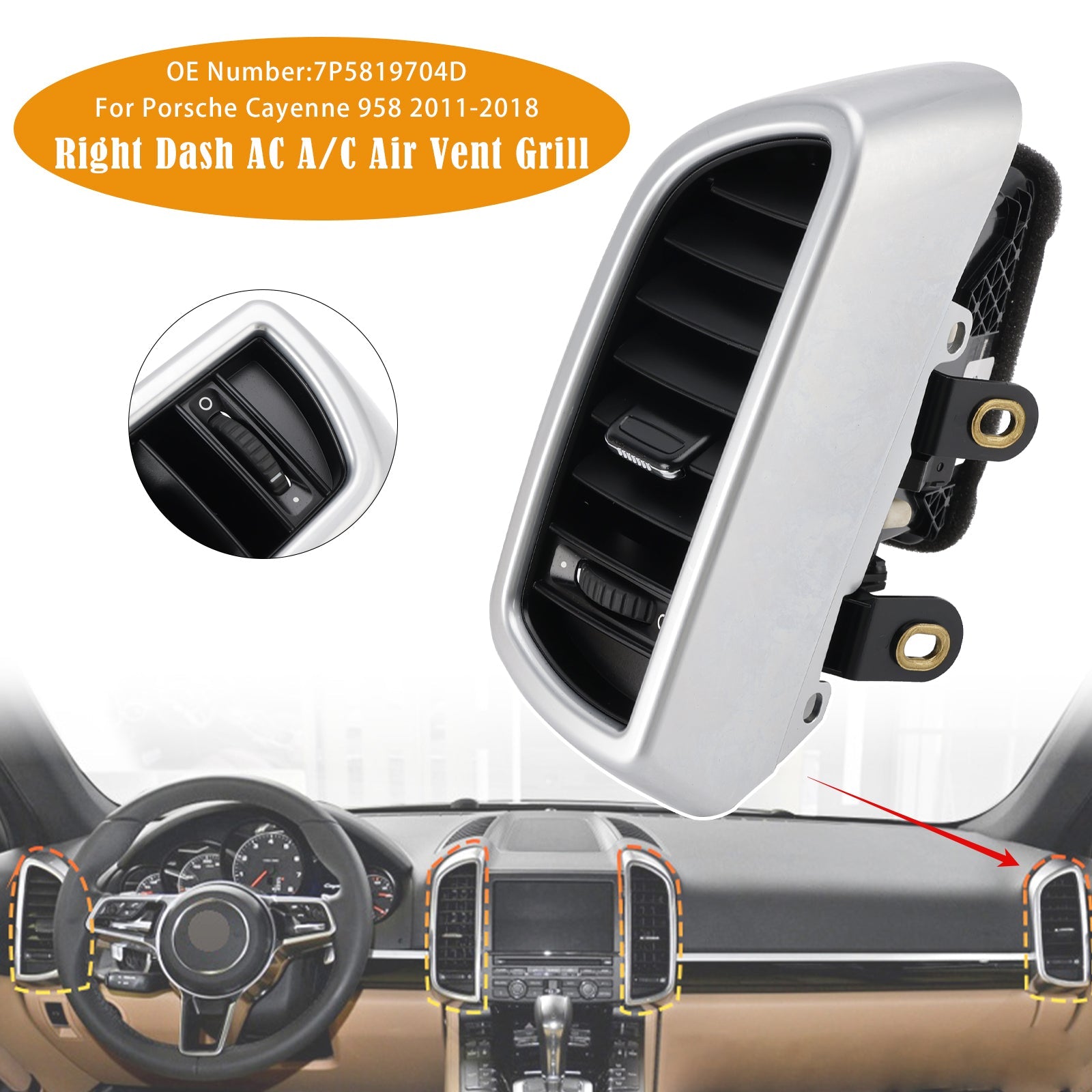 Oikeanpuoleinen ilmastointilaitteen tuuletusritilä Porsche Cayenne 958:lle (2011-2018) - Osanumero : 7P5819704D