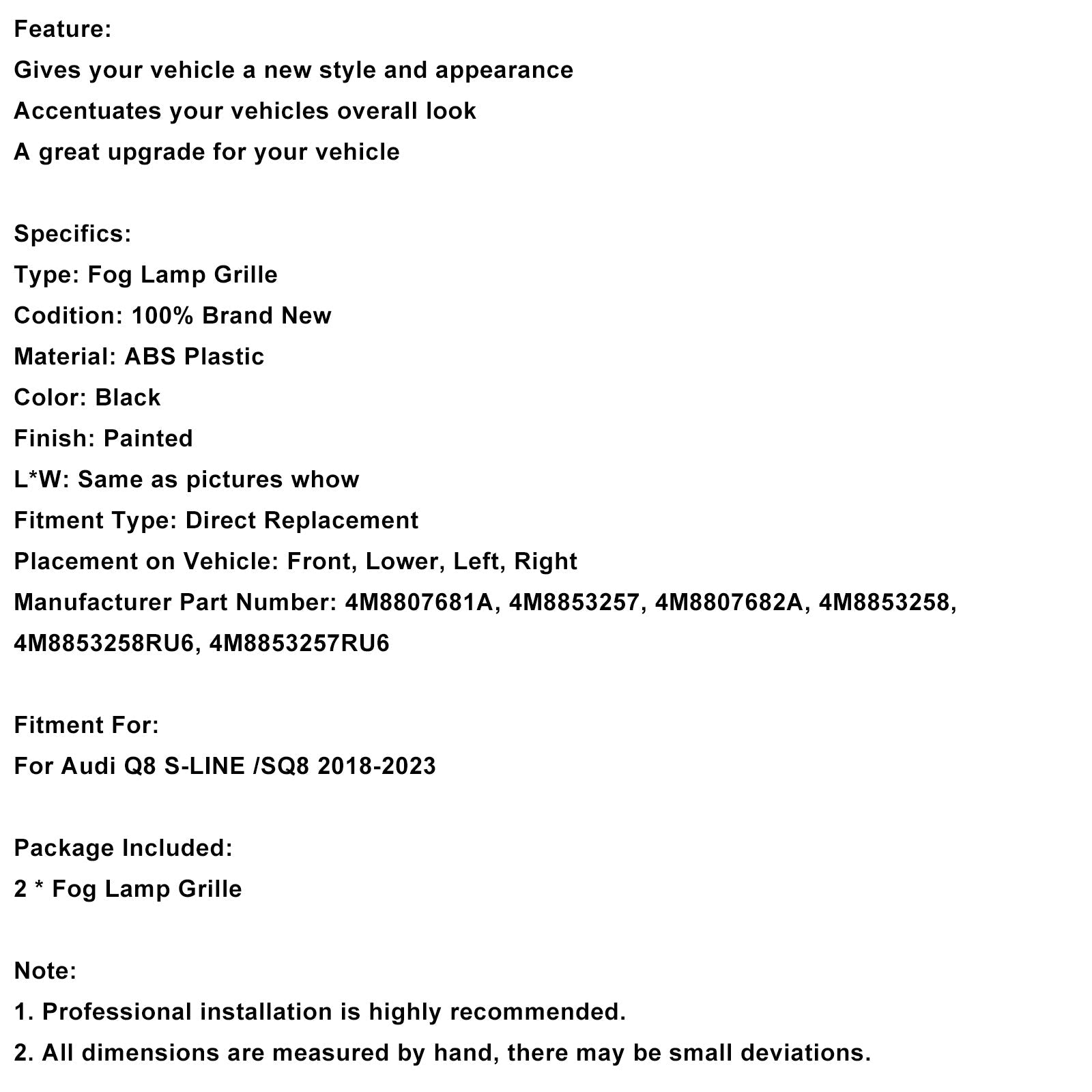 2 kosa rešetke sprednjega odbijača za Audi Q8 S-Line SQ8 2018-2023 4M8807682A