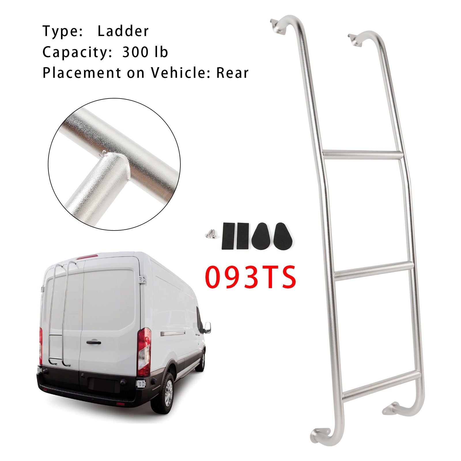 Escalera de acero inoxidable de 3 peldaños para furgoneta Ford Transit de techo bajo (2014-2025) - Número de pieza 093TS