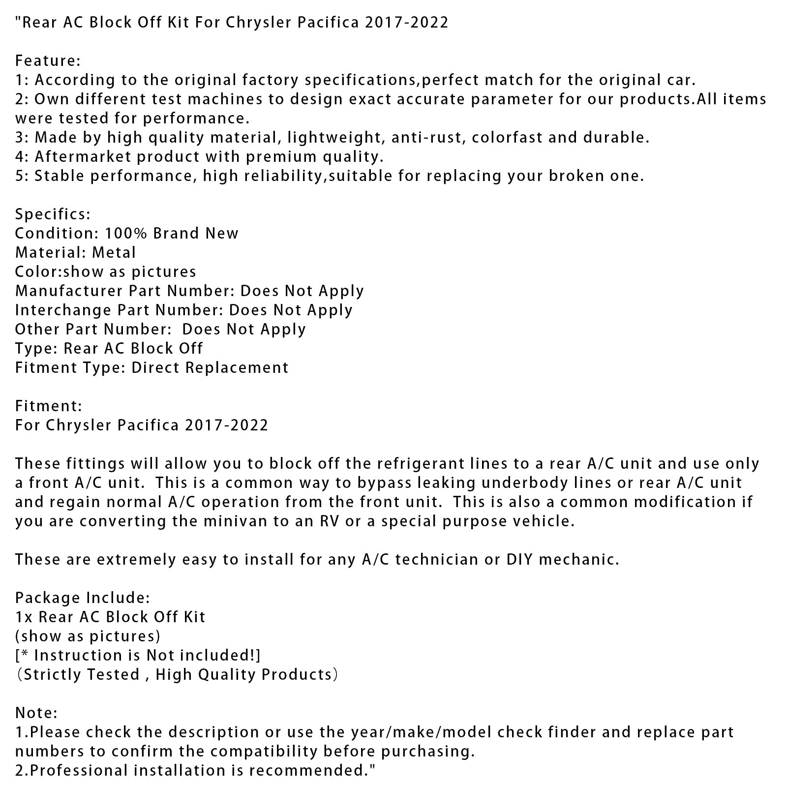 Zestaw do usuwania tylnej klimatyzacji dla Chrysler Pacifica 2017-2022