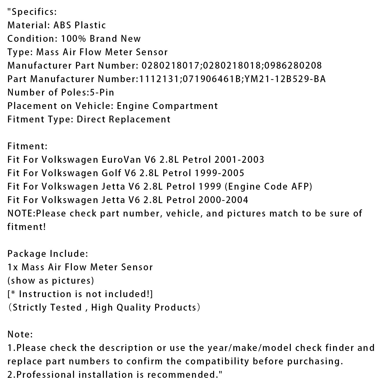 Senzor merilnika pretoka d'masa zraka za Volkswagen Golf Jeeta EuroVan 2.8L 0280218017