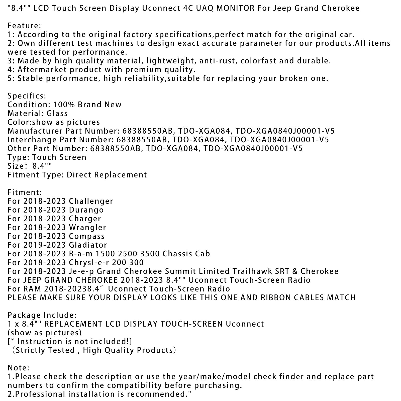 8 tuuman LCD-kosketusnäyttö,4""Chrysler 200 300 2018-2023, UAQ Uconnect 4C -näyttö 68388550AB