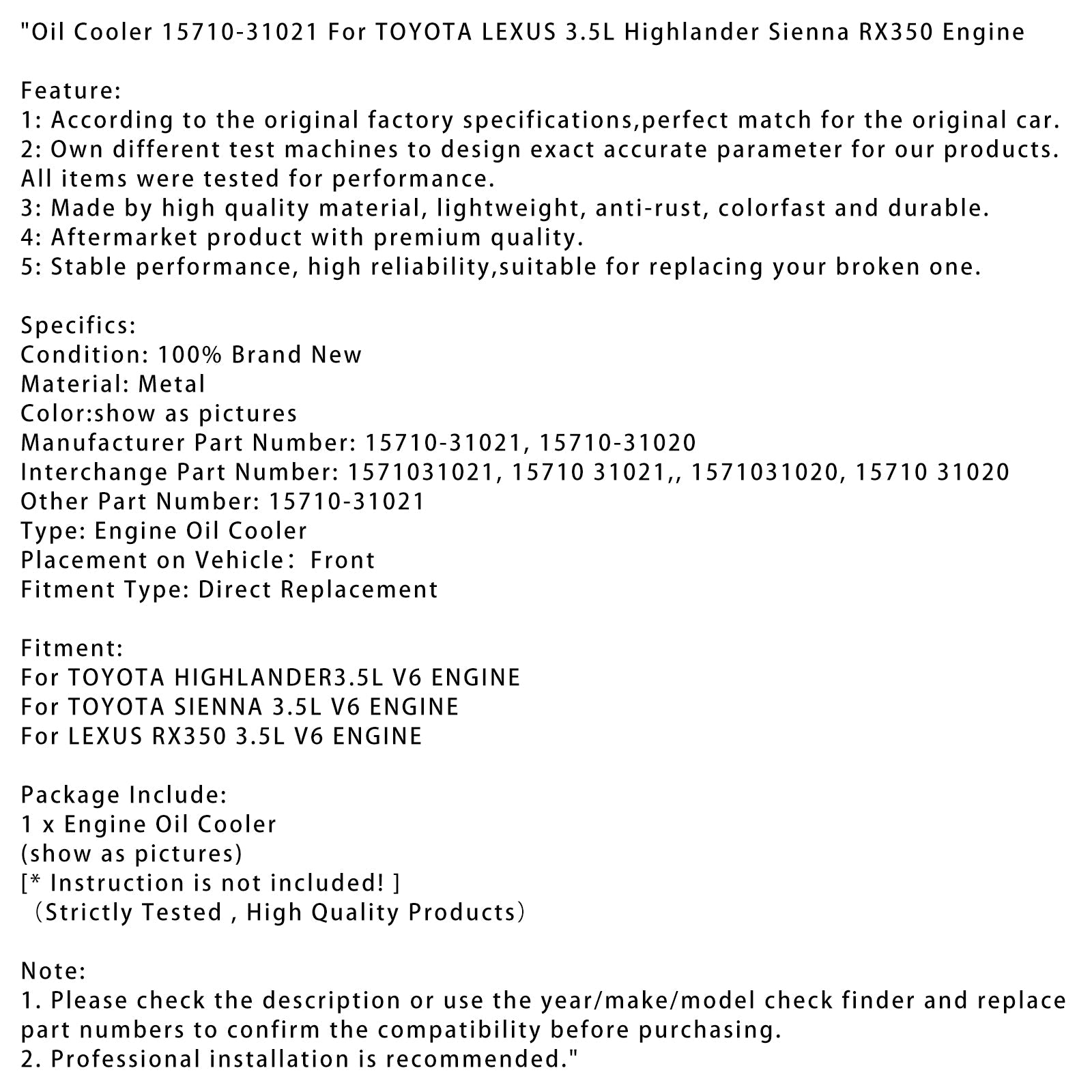 Toyota Sienna 3,5 L Cooker per olio motore V6 15710-31021 15710-31020