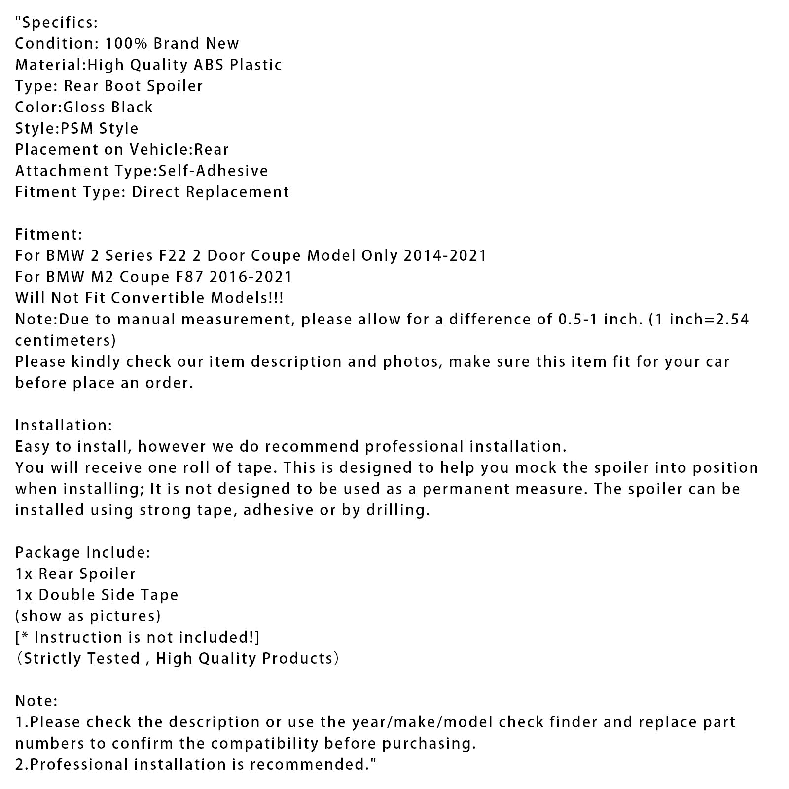 Spoiler bagagliaio posteriore nero lucido solo per BMW Serie 2 F22 Coupé 2 porte (modello 2014-2021)