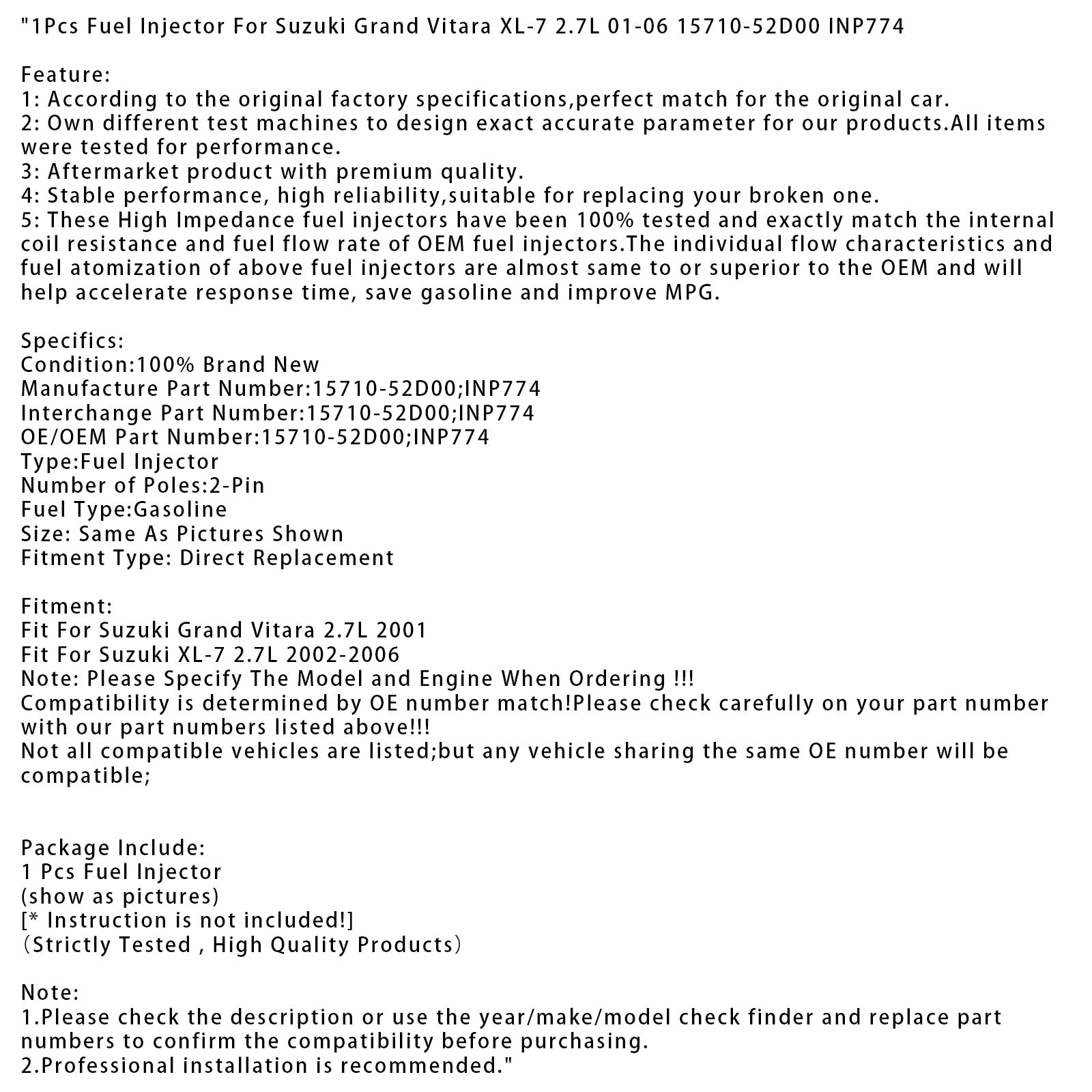 1 injecteur de carburant pour Suzuki Grand Vitara XL-7 2.7L 01-06 15710-52D00 INP774