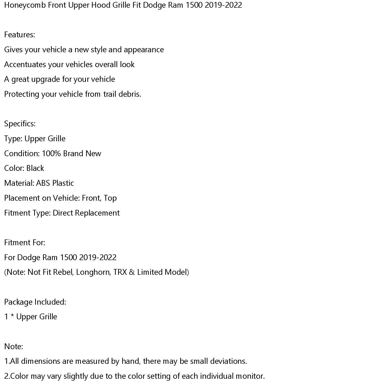 Rejilla delantera superior tipo panal para Dodge Ram 1500 2019-2024