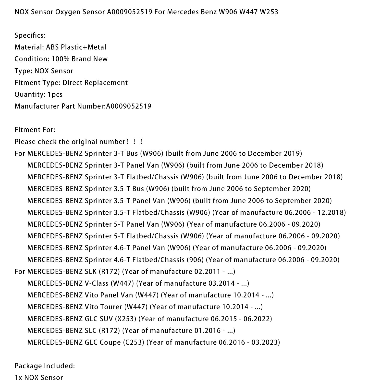 06.2016-03.2023 MERCEDES-BENZ GLC Coupé (C253) NOx senzor'kisik A0009052519