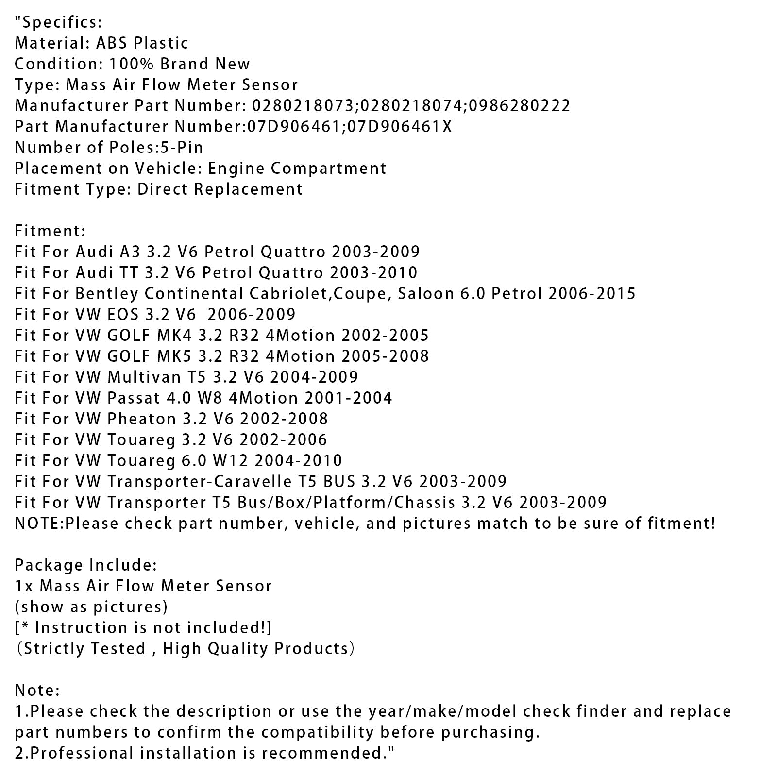 Sensore del misuratore di portata d'massa d'aria per VW Golf MK5 Audi A3 TT 3.2 Bentley 0280218073