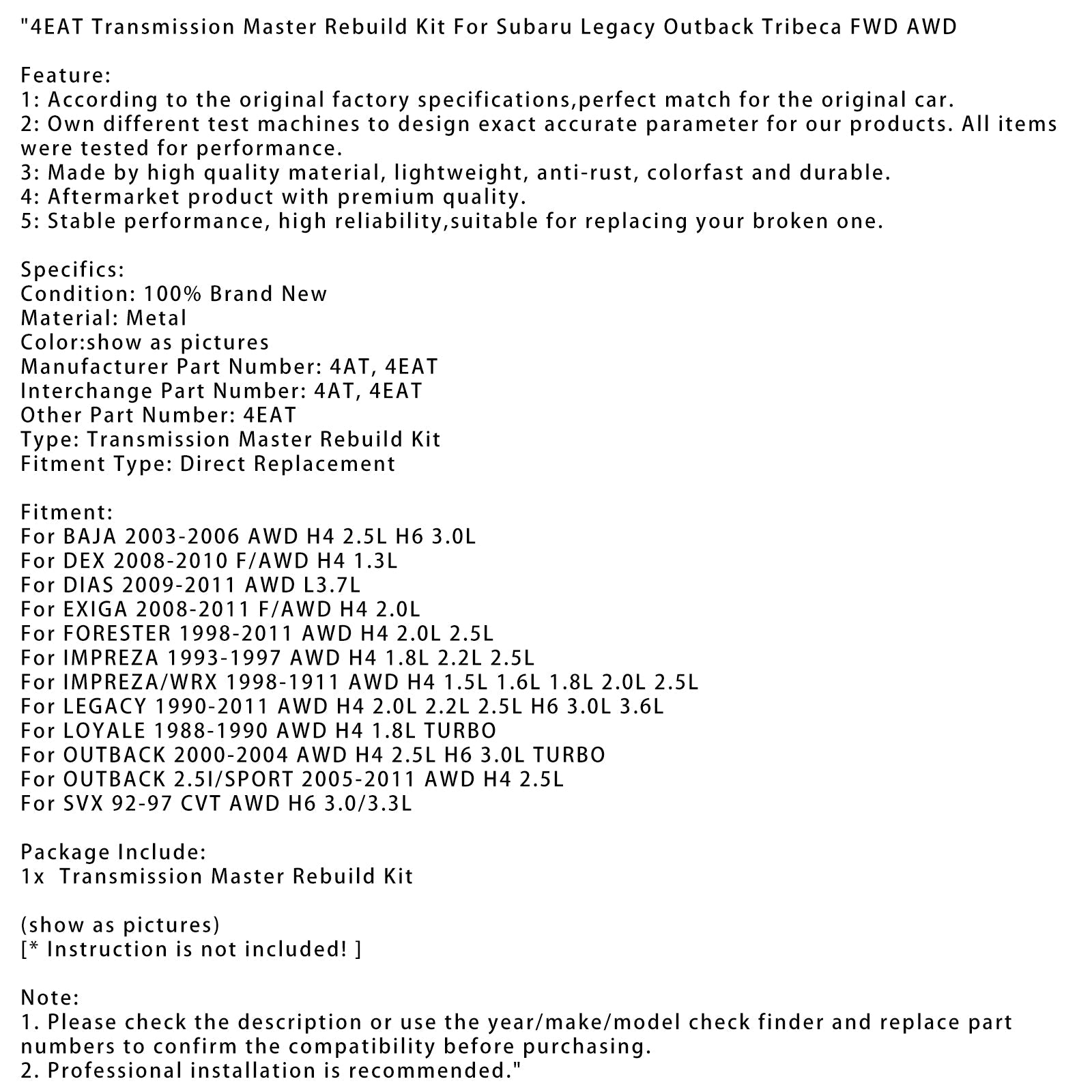 Kit de reconstruction de transmission principale IMPREZA/WRX AWD H4 1,5 L 1,6 L 1,8 L 2,0 L 2,5 L 4EAT 1998-1911
