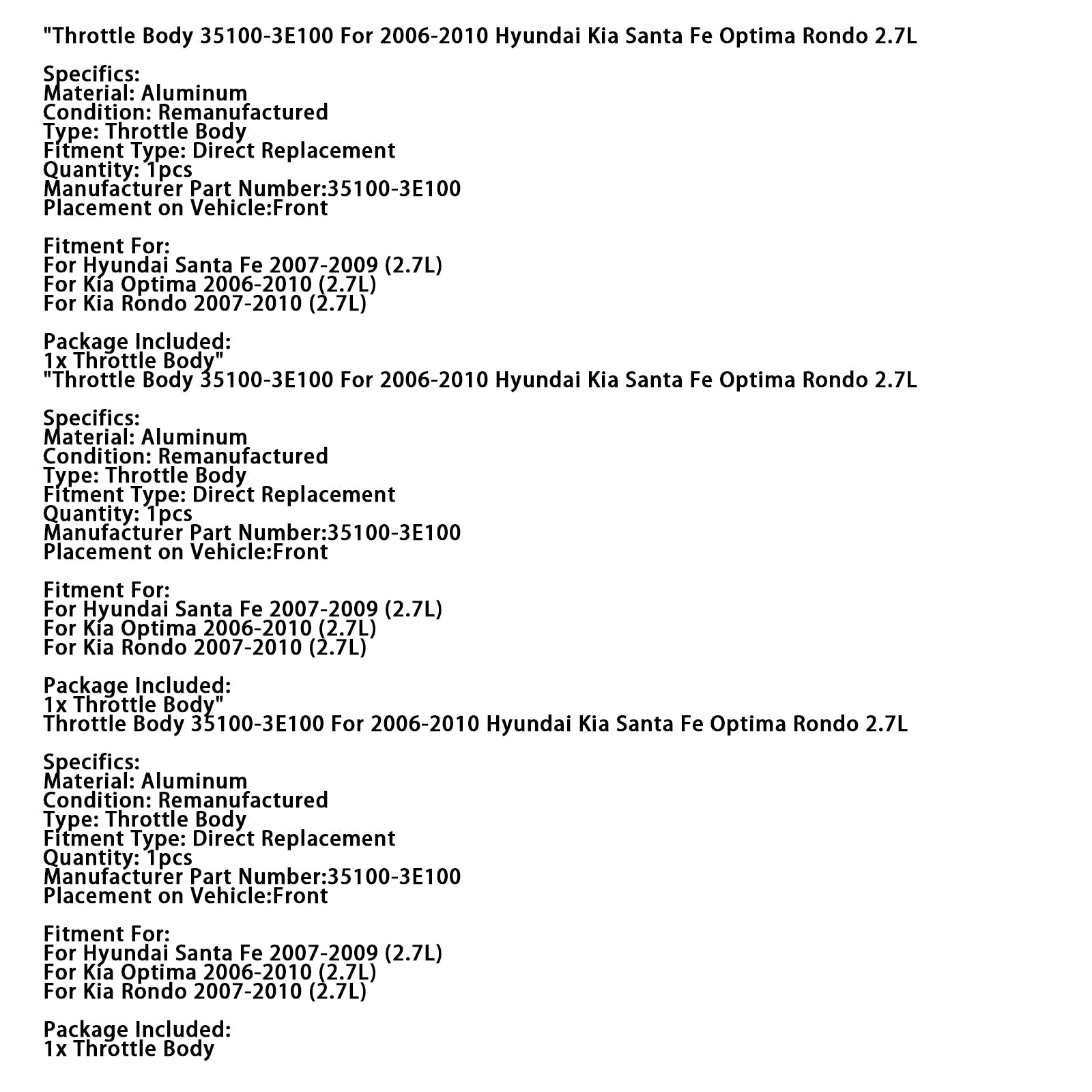 Cuerpo de mariposa 35100-3E100 para Kia Rondo (2.7 L) 2007-2010