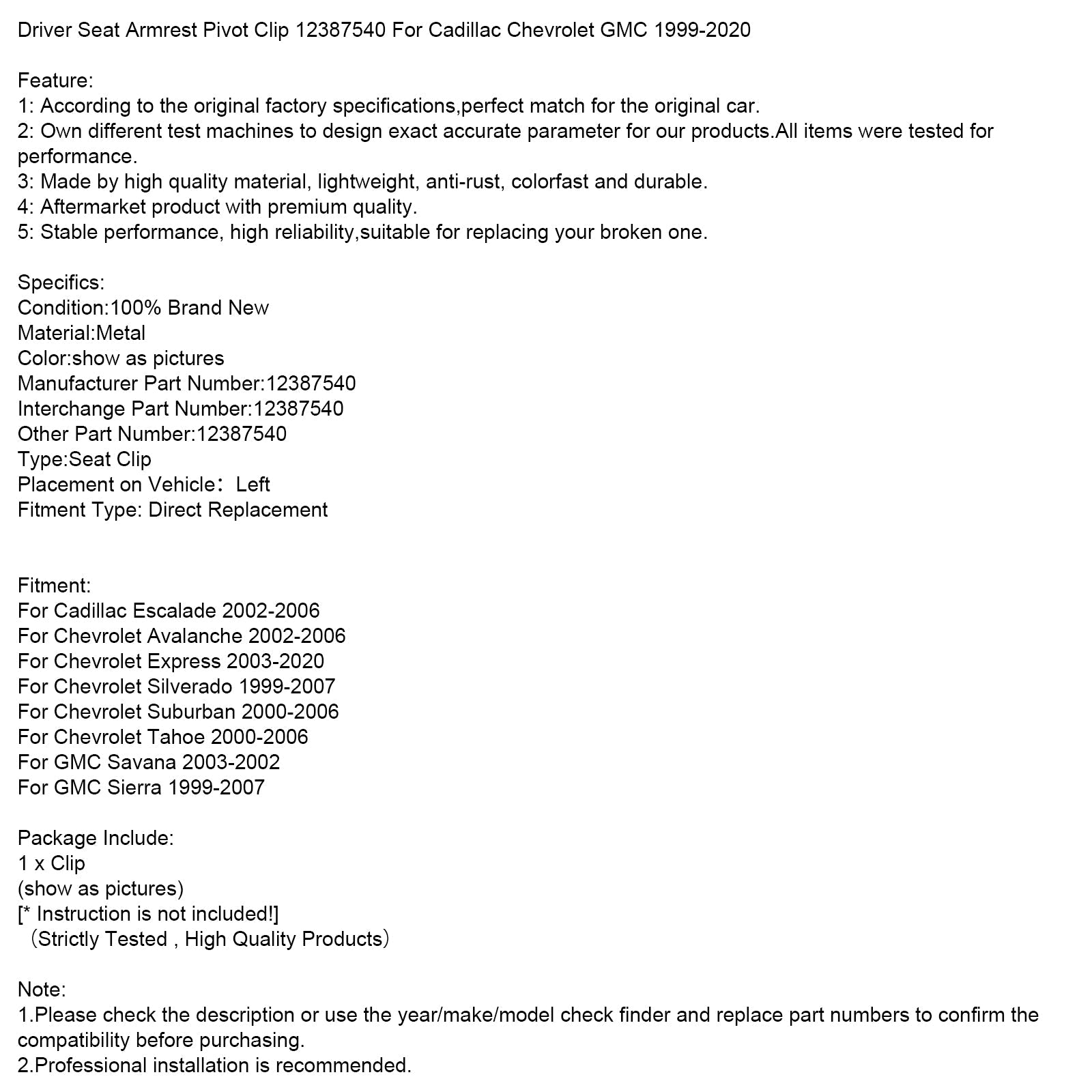 Armsteun draaiclip bestuurdersstoel 12387540 voor Cadillac Chevrolet GMC 1999-2020