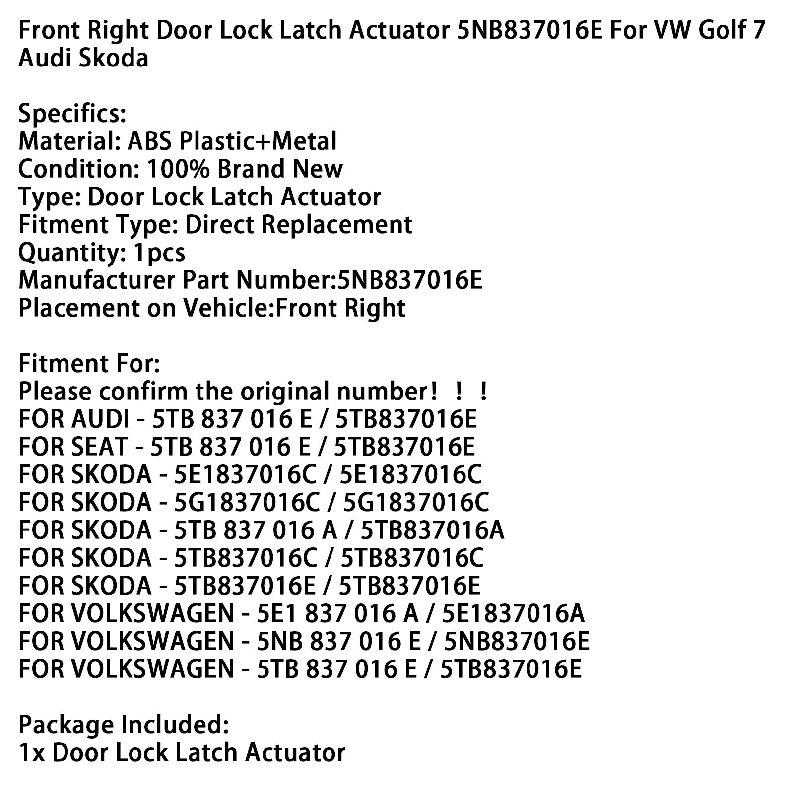 Rechter voordeur vergrendeling Actuator 5NB837016E voor VW Golf 7 Audi Skoda