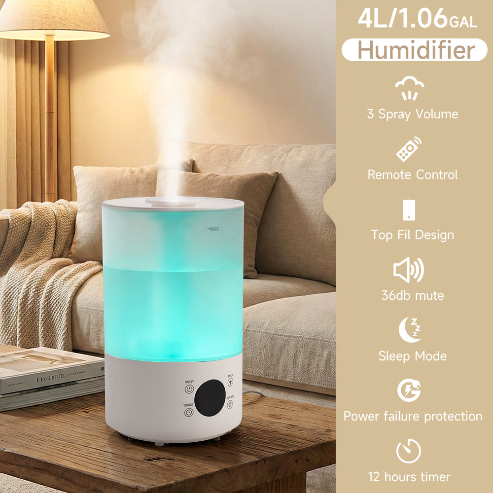 4L luchtbevochtiger voor slaapkamer, baby en planten, stil, met 360° mondstuk, automatische uitschakeling en gekleurd licht.