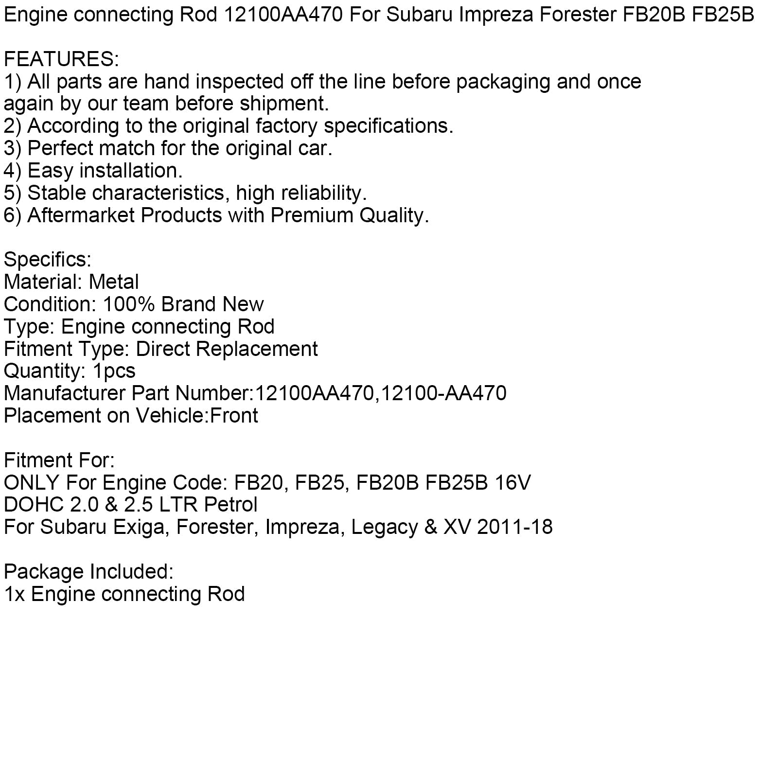 Bielle de moteur 12100AA470 pour Subaru Impreza Forester FB20B FB25B