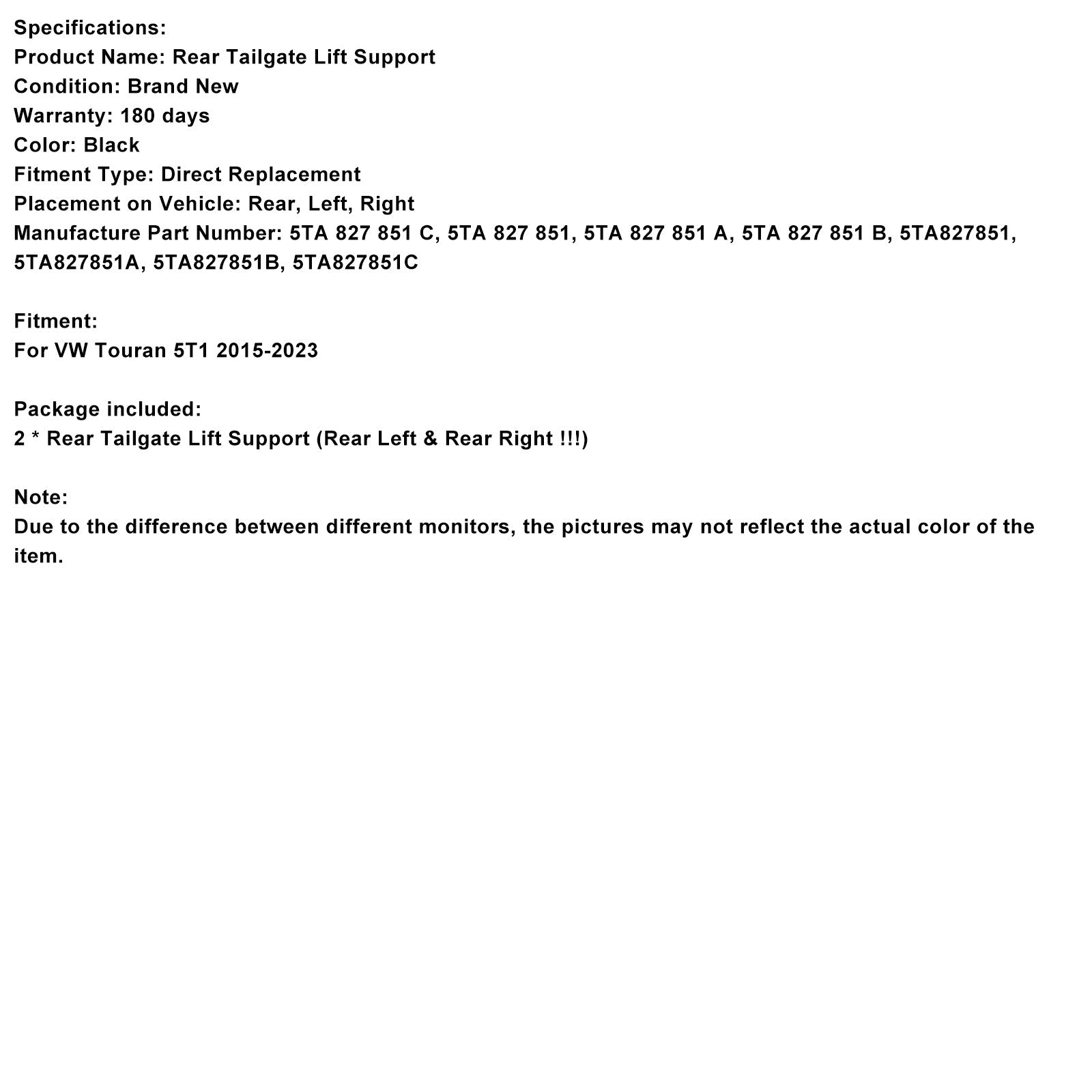 Vérins à gaz électriques de hayon arrière (2 pièces) pour VW Touran 5T1 (2015-2023) - Référence : 5TA827851A