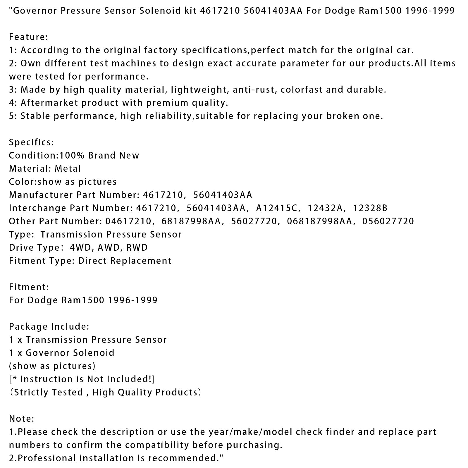 Kit sensore di pressione del regolatore solenoide per Dodge Ram 1500 (1996-1999) 4617210 56041403AA