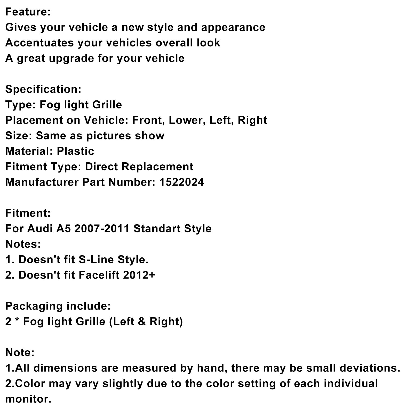 Beschermende rooster van voorste mistlicht in honingraat voor Audi A5 2007-2011 (2 stuks) 1522024