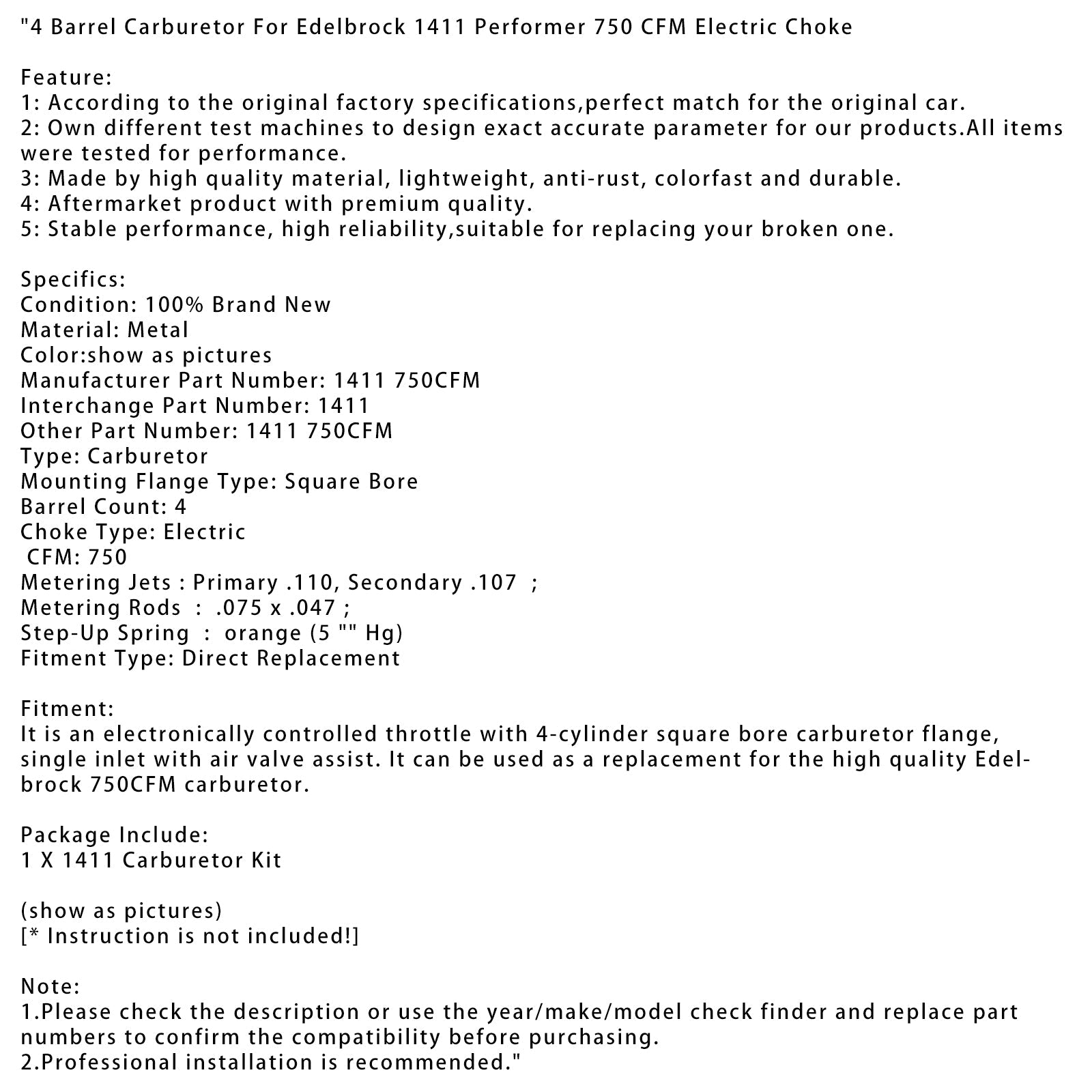 4-tynnyri kaasutin Edelbrock 1411 Performer 750 CFM Electric Choke