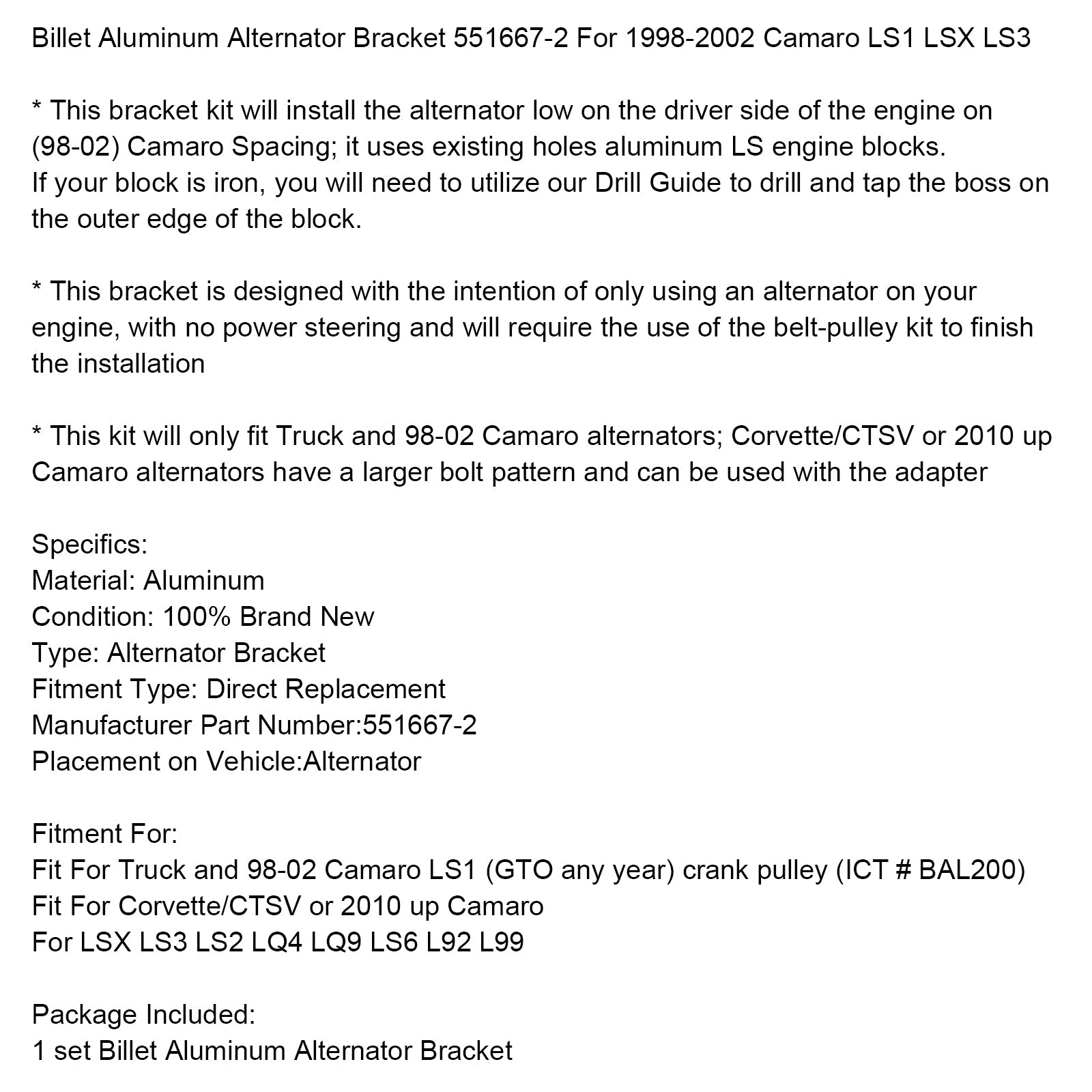 Support d'alternateur en aluminium billette 551667-2 pour Camaro LS1 LSX LS3 1998-2002