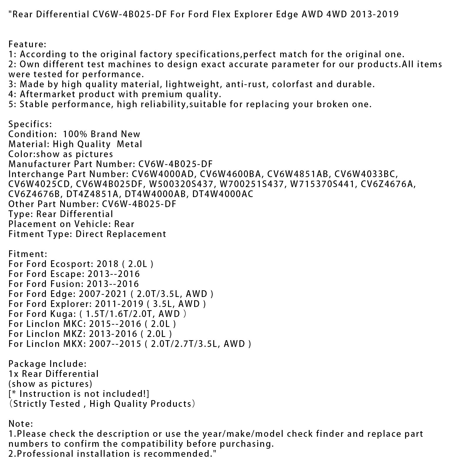 Lincoln MKX 2.0T/2.7T/3.5L 2007-2015 nelivetoinen takatasauspyörästö CV6W-4B025-DF DT4W4000AB