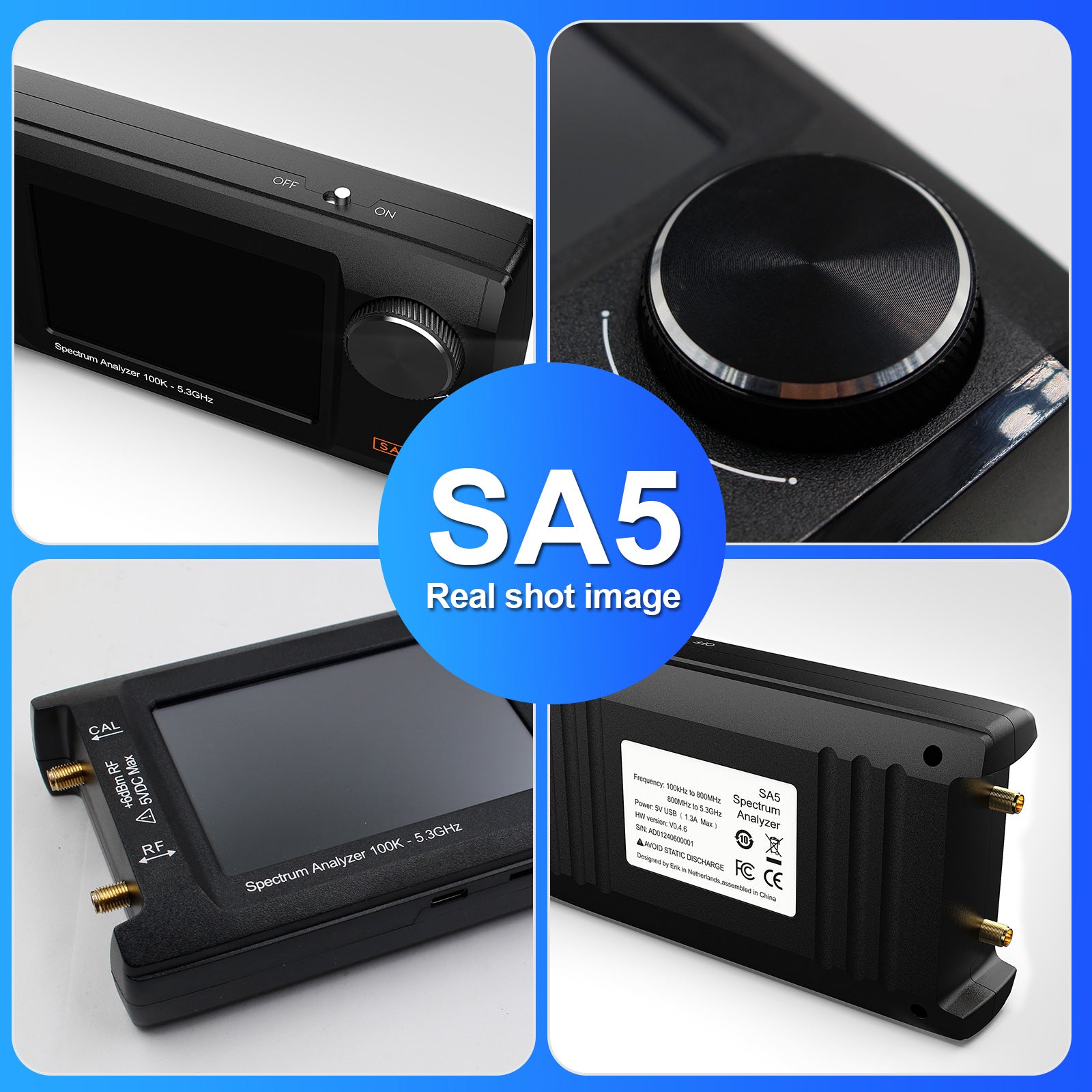 Analyseur de spectre multifonction SA5 avec écran LCD IPS 4 pouces, générateur de signaux 100 kHz à 5,3 GHz