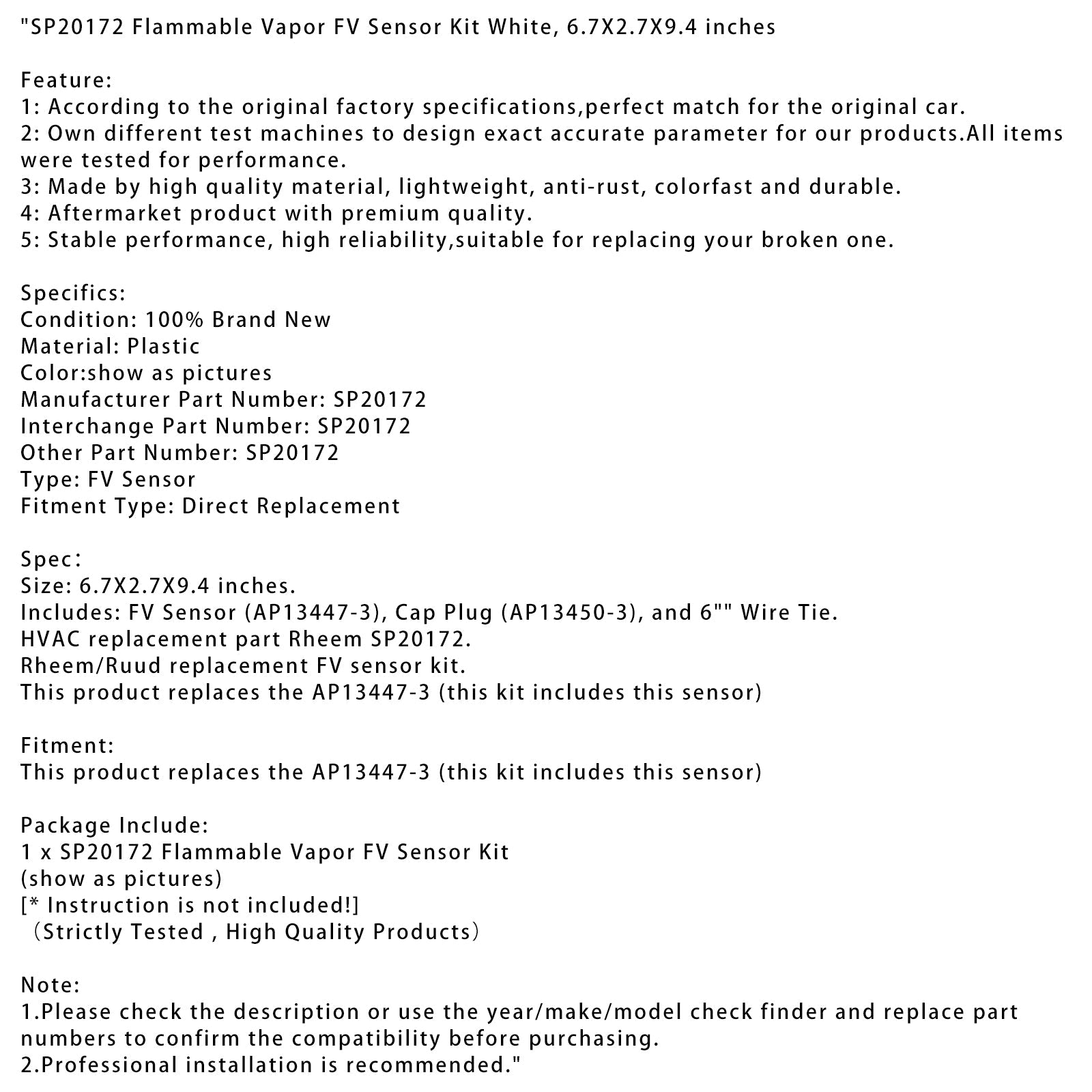 Ontvlambare dampsensorkit FV SP20172 Wit 6,7 x 2,7 x 9,4 inch