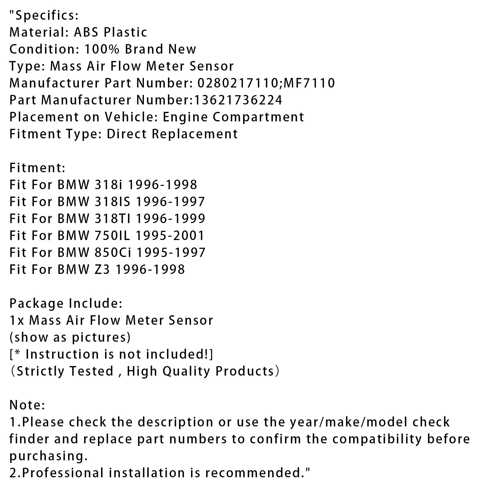 Sensore del misuratore di portata d'massa d'aria per BMW 318i, 318ti, 750iL, 850Ci, Z3 0280217110