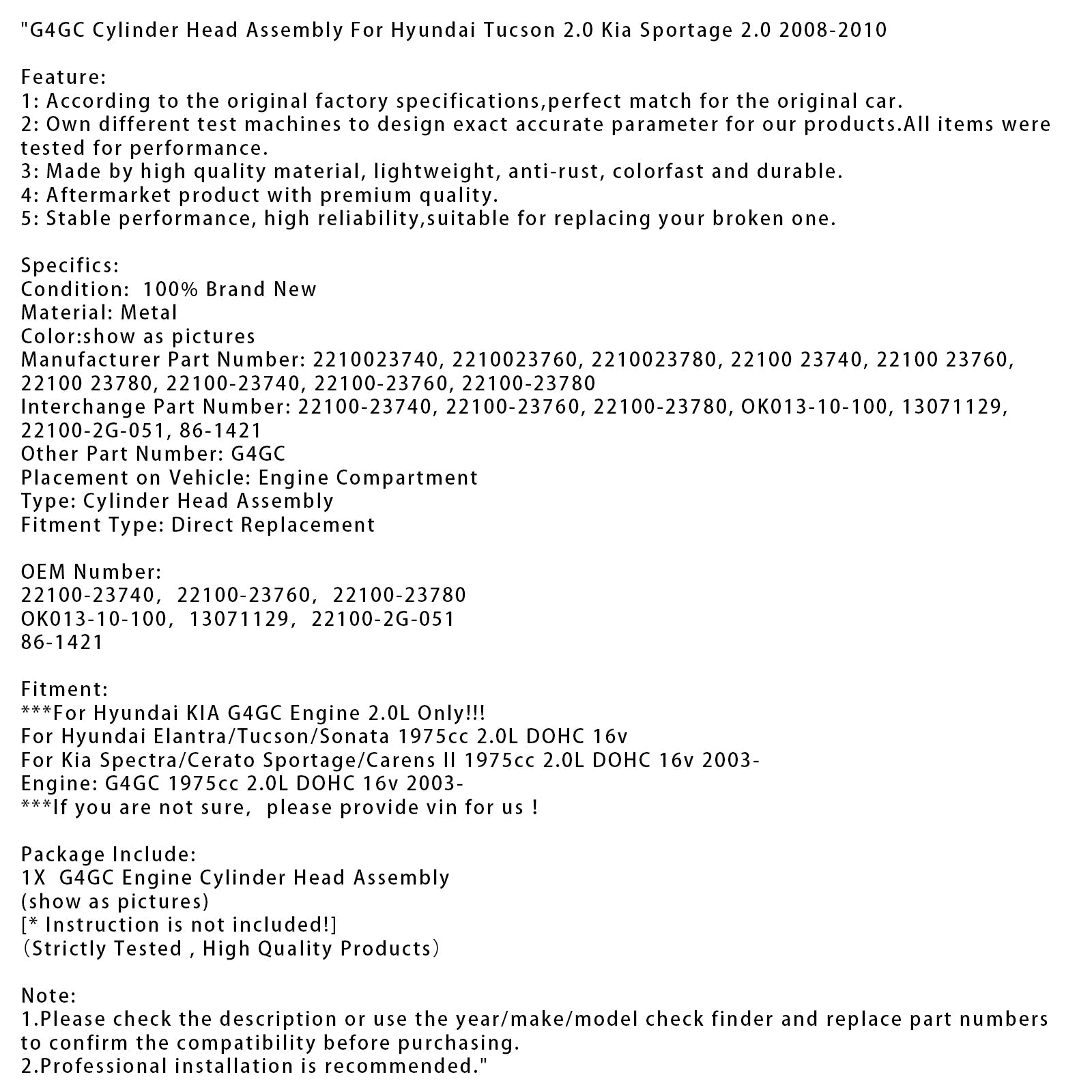 Culata G4GC para Hyundai Tucson 2.0 y Kia Sportage 2.0 (2008-2010)