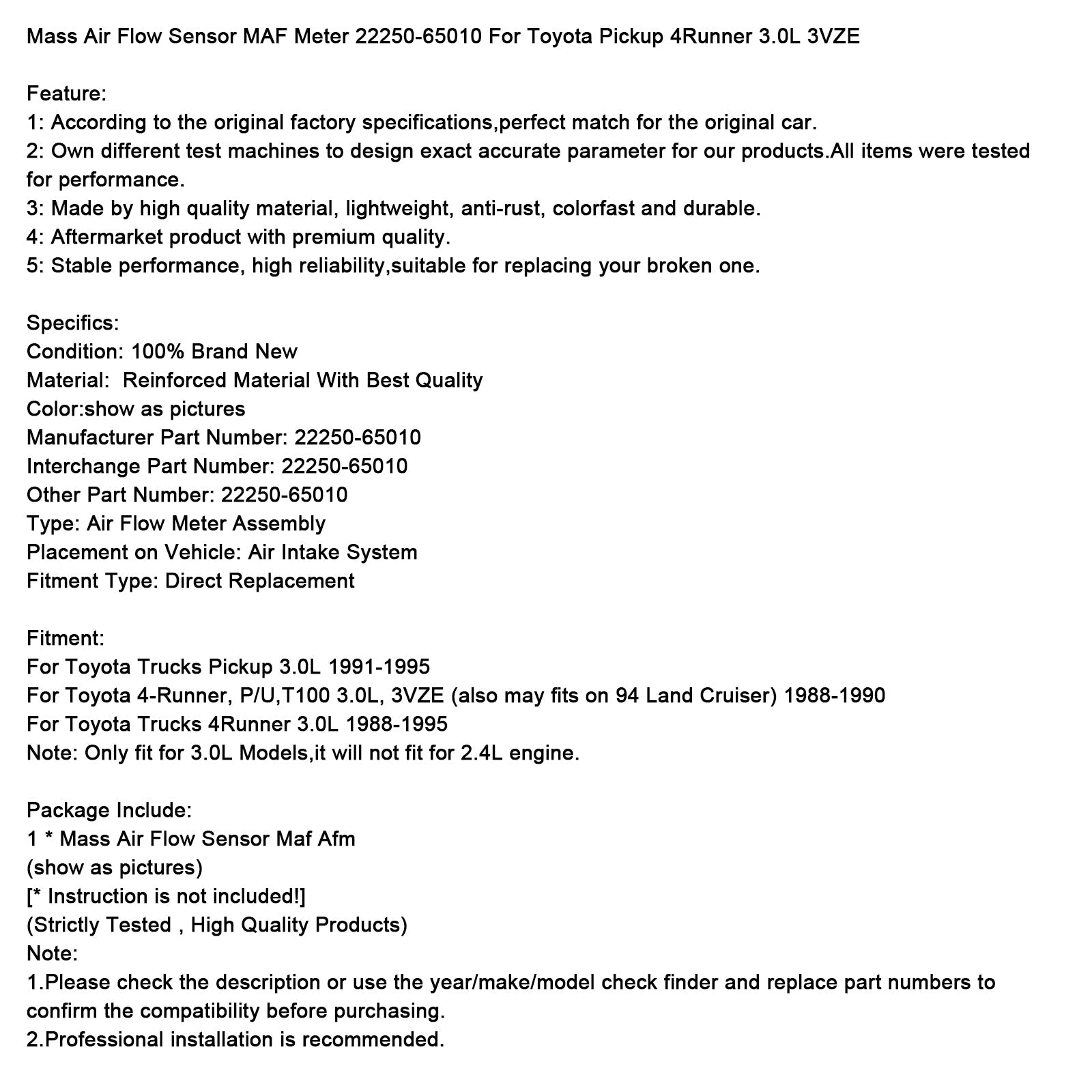 Sensore di portata d'aria di massa (MAF) 22250-65010 per Toyota 4Runner 3.0L (1988-1995)