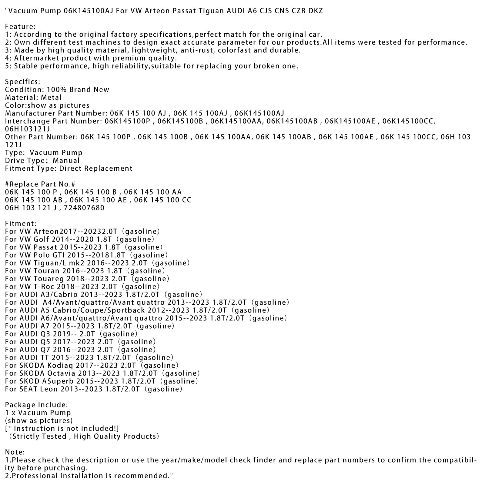 Skoda Kodiaq 2.0T (benzina) Pompa a vuoto 2017-2023 06K145100AJ 06K145100P 06K145100cc