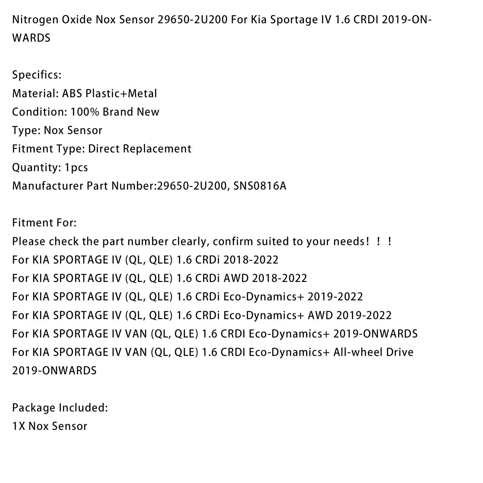 Czujnik tlenku azotu (NOx) 29650-2U200 dla Kia Sportage IV 1.6 CRDI (od 2019 r.)