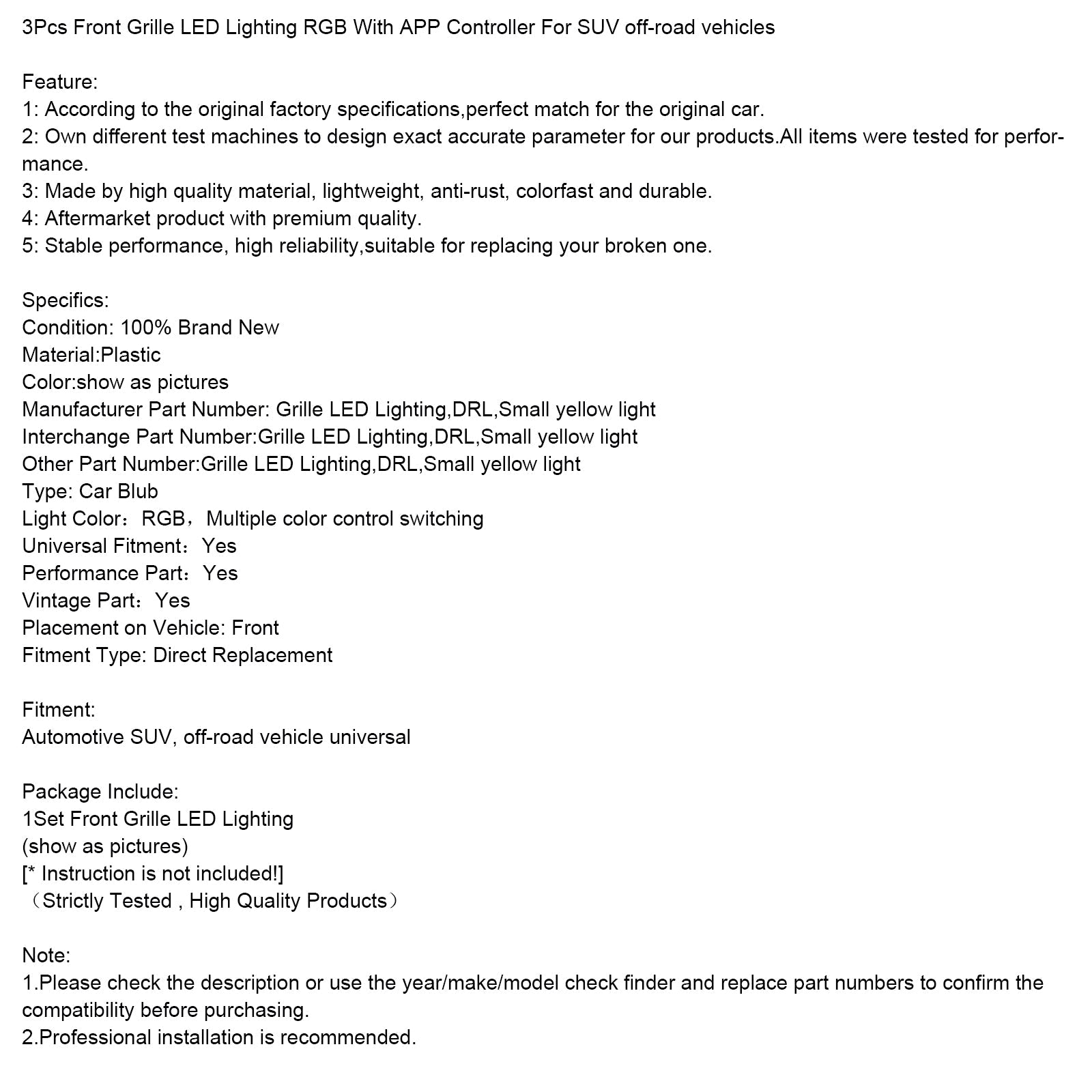 Juego de 3 luces LED RGB para parrilla delantera con controlador'aplicación para vehículos todoterreno SUV