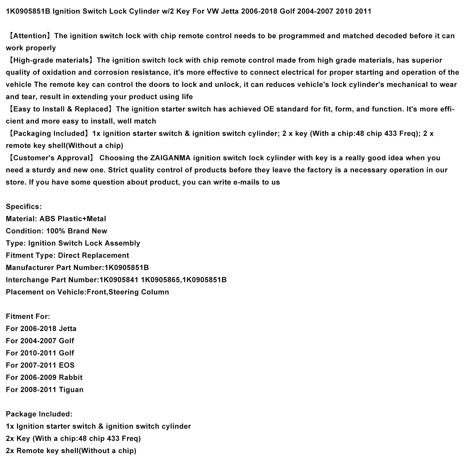 Lukkosylinteri'Rabbit 2006-2009 virtalukko kahdella avaimella 1K0905851B 1K0905865