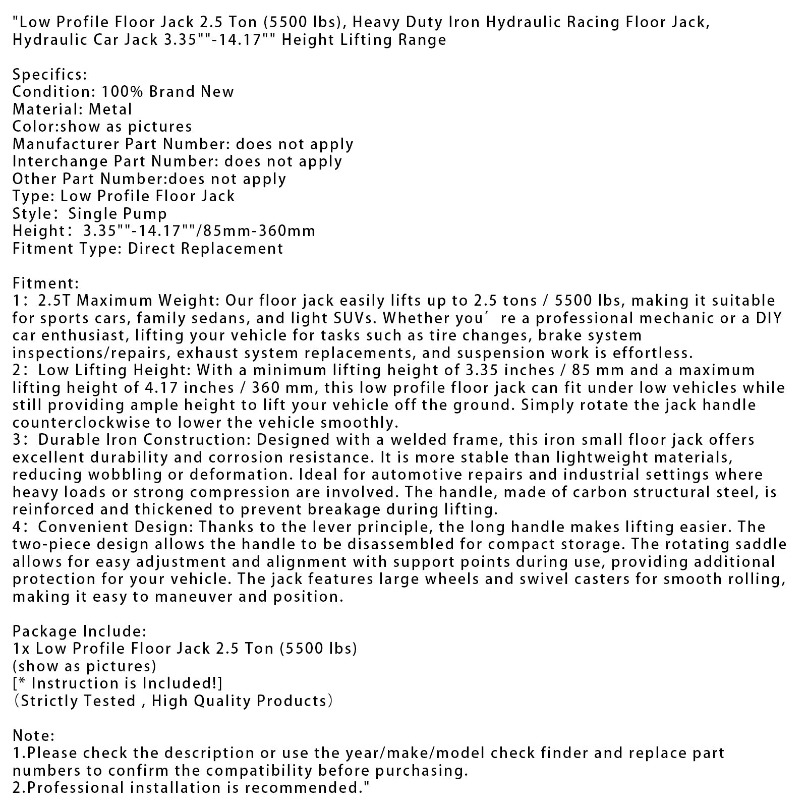 Cric de sol à profil bas de 2,5 tonnes (5 500 lb), plage de levage de 3,35 à 14,17 pouces