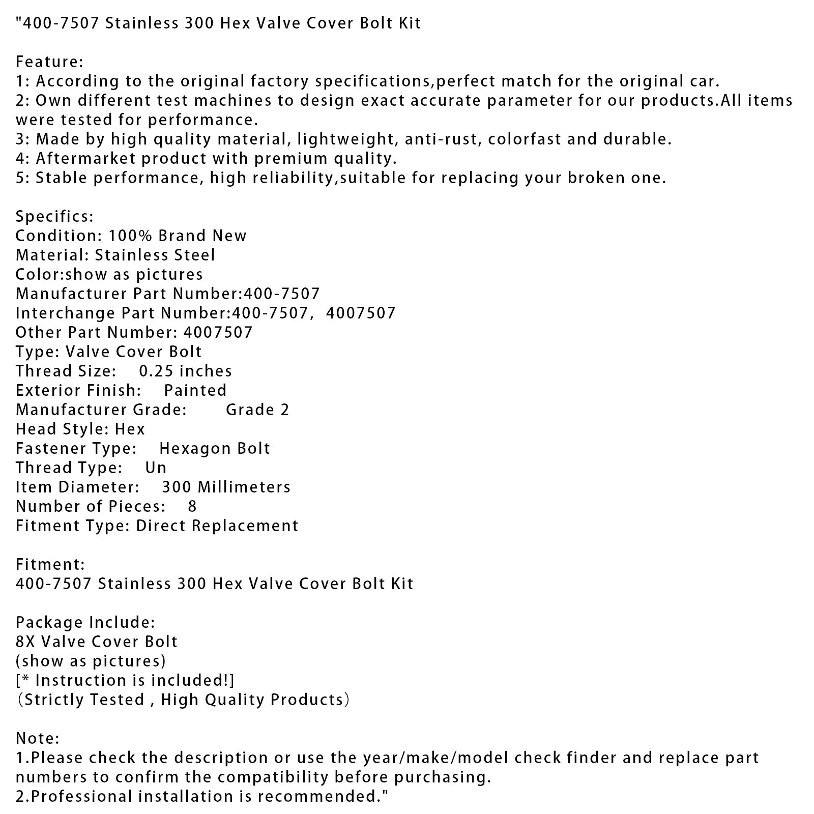 Kit a bulloni esagonali per 300 coperchio valvola in acciaio inossidabile 400-7507