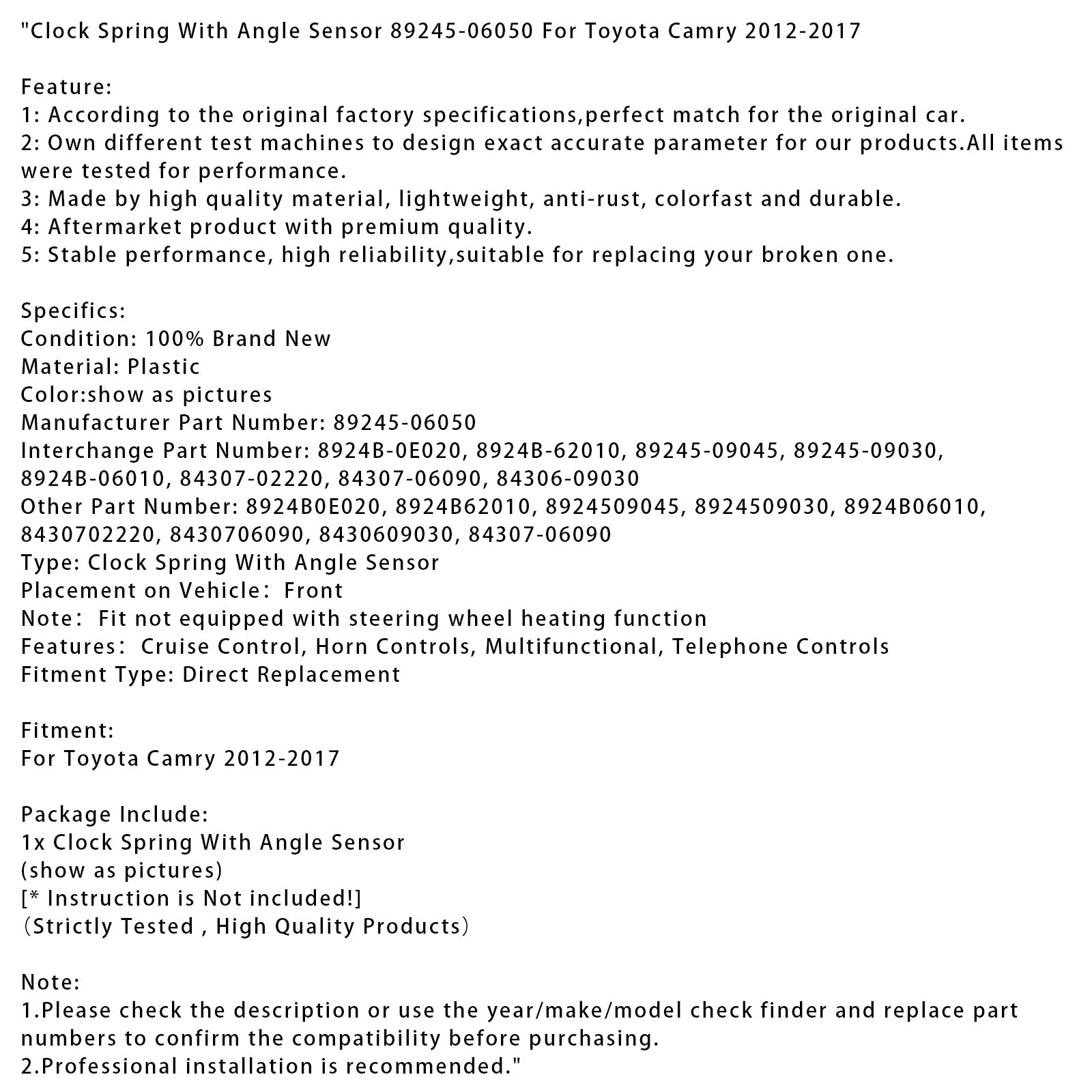 Paluujousi kulma-anturilla Toyota Camrylle 2012-2017 (p/n 89245-06050)