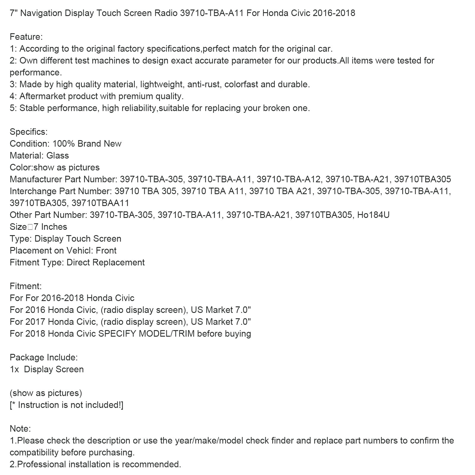 Honda Civic, letniki 2016–2018 7" Radio z zaslonom na dotik in navigacijskim zaslonom 39710-TBA-A11