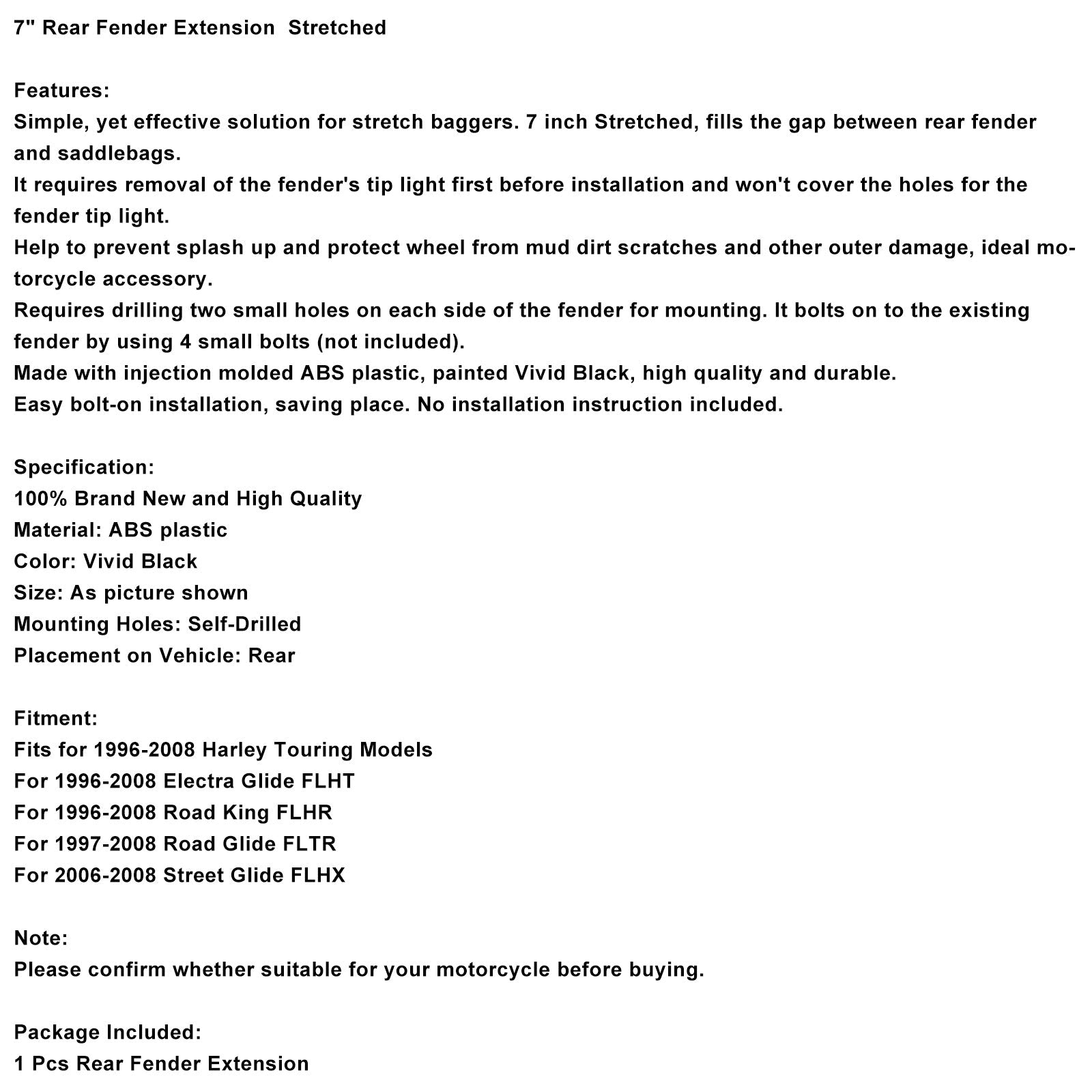 Extensión de guardabarros trasero de 7 pulgadas para gira Electra Glide Road King 96-08