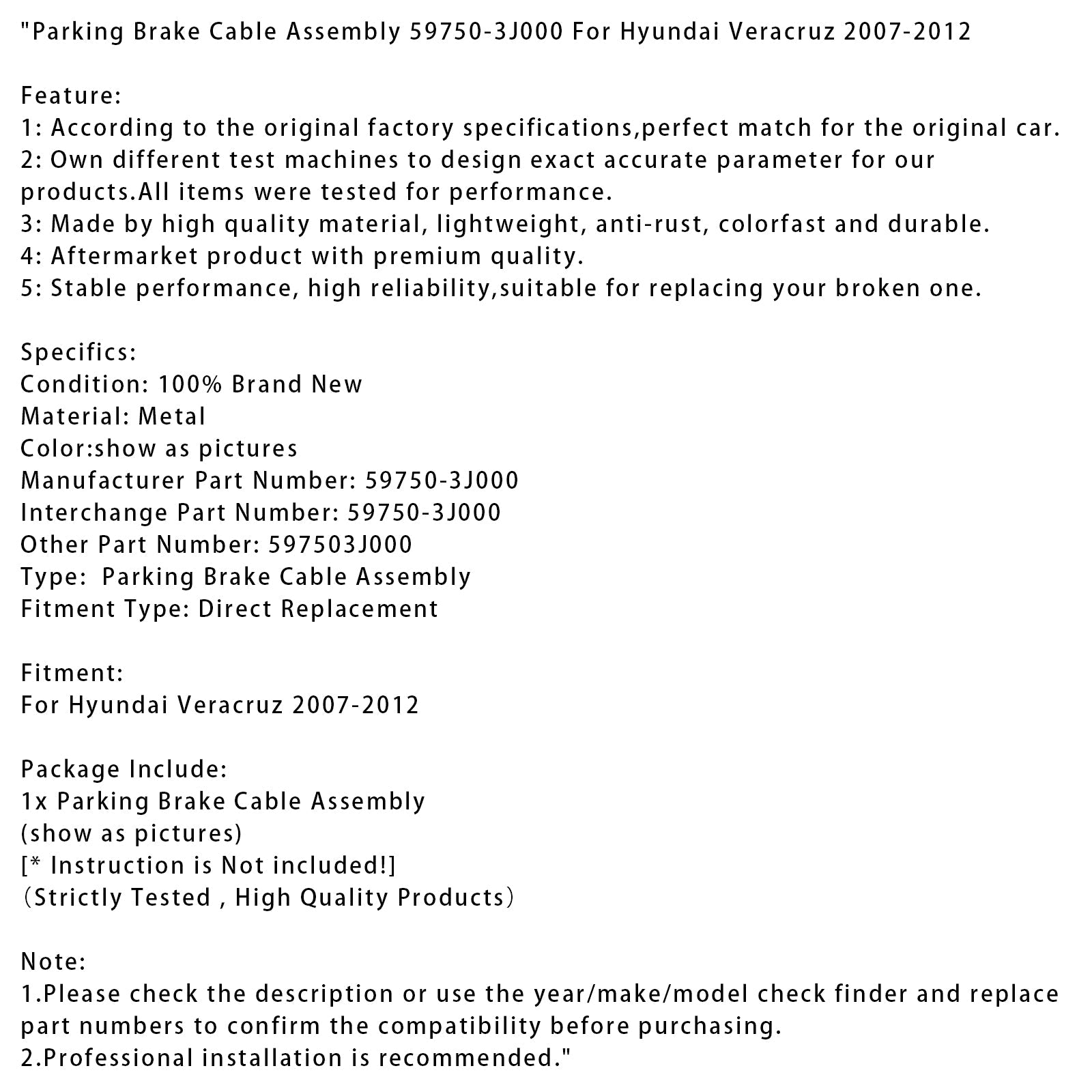 Pysäköintijarrukaapeli Hyundai Veracruzille 2007-2012 59750-3J000