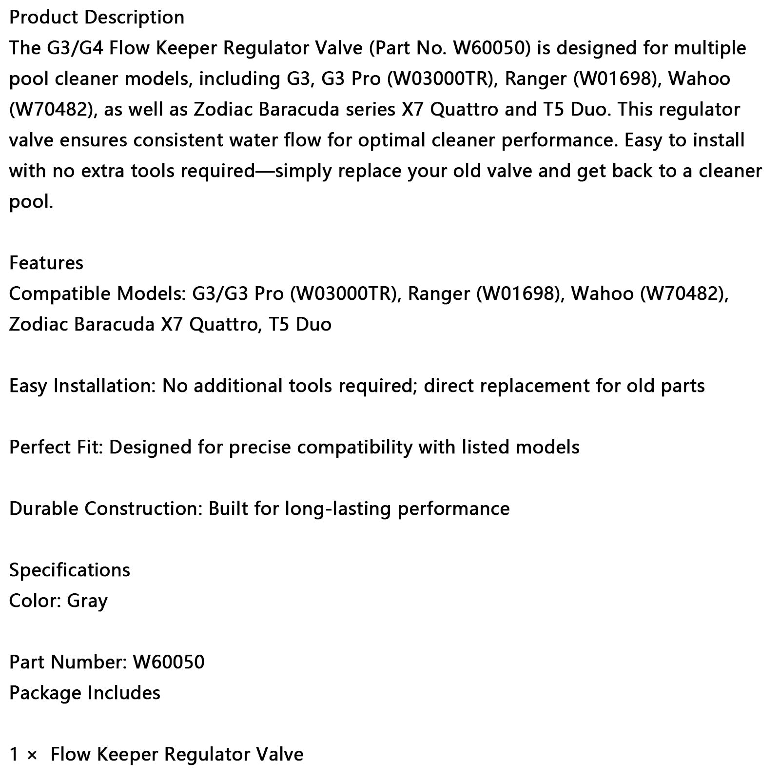 W60050 Regulador de caudal para limpiafondos automático W03000TR W01698 W70482