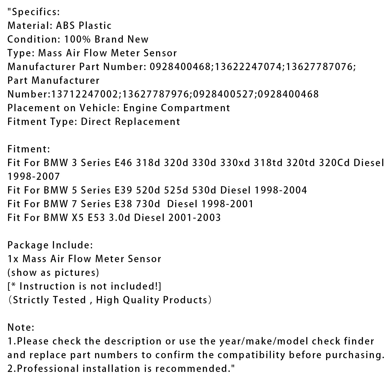 Sensor del medidor de flujo d'masa de aire para BMW E38 E39 E46 E53 98-05 0928400468