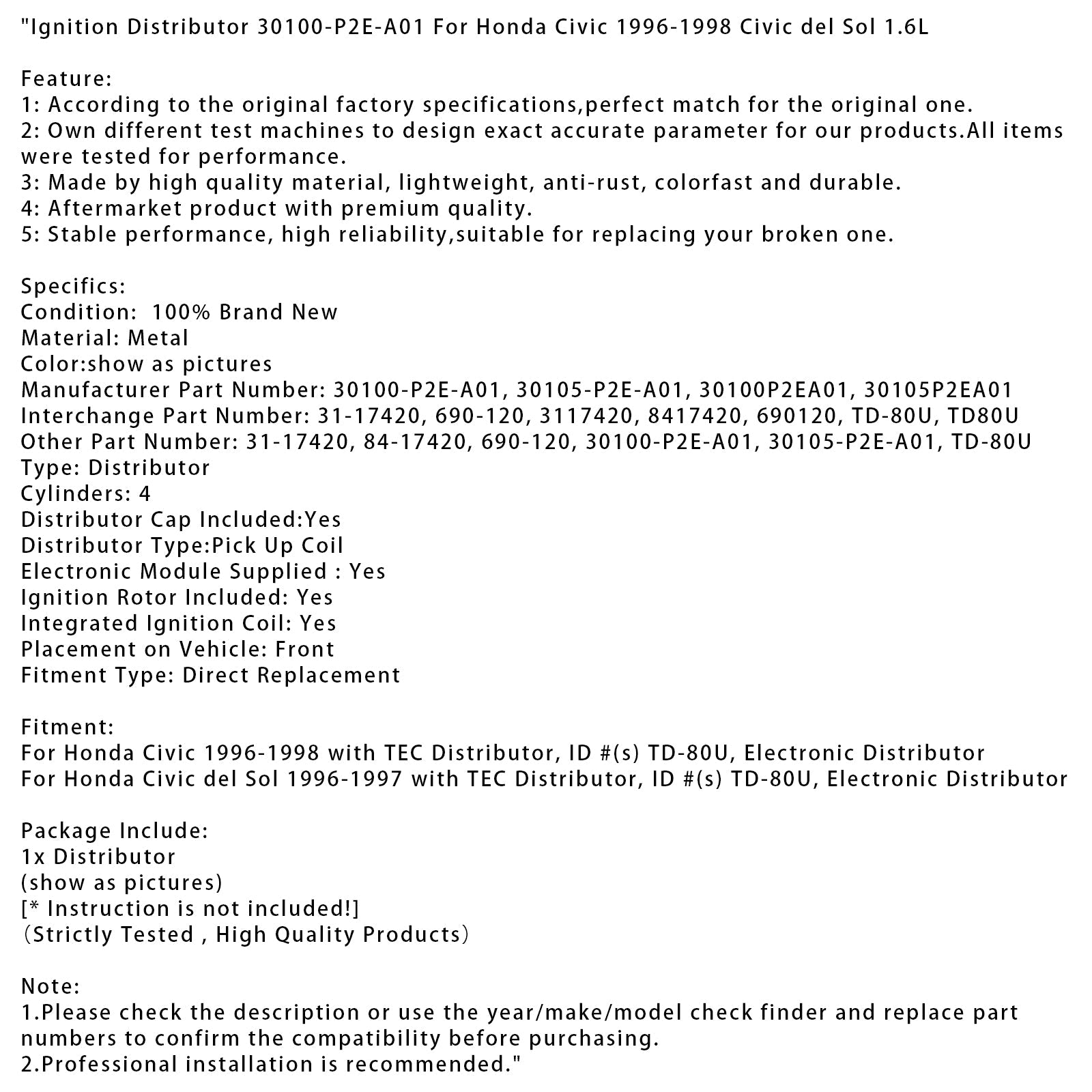 Jakelija'Honda Civic 1996-1998 Sytytys 30100-P2E-A01 30105P2EA01