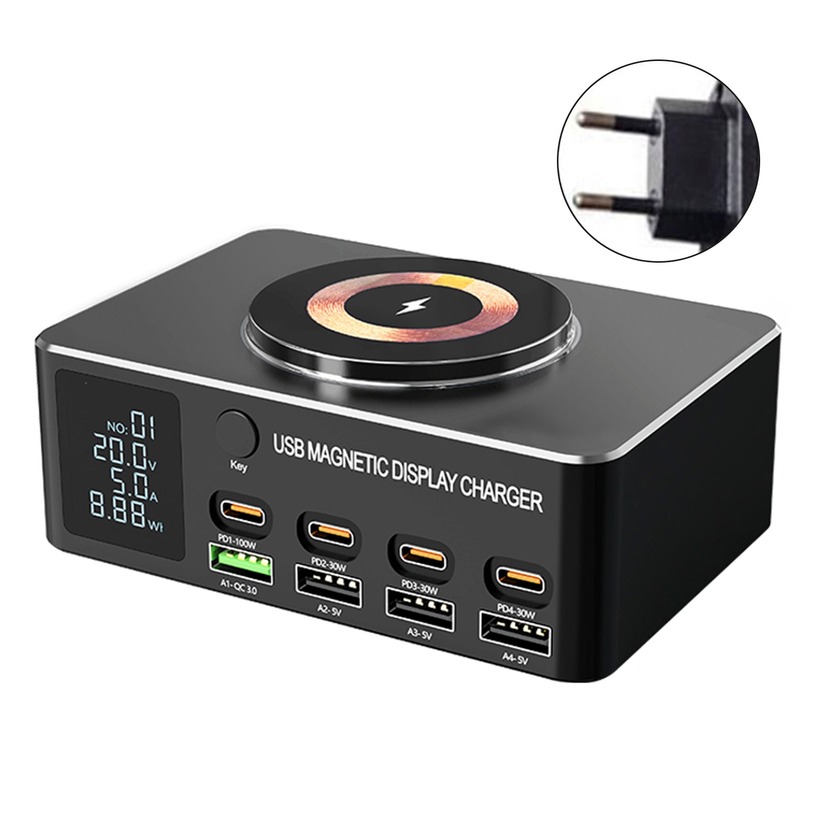 140 W snelle oplader, slim digitaal display PD100 W, voor mobiele telefoon, laptop, magnetische draadloze belasting, multiport USB -lader, EU -socket