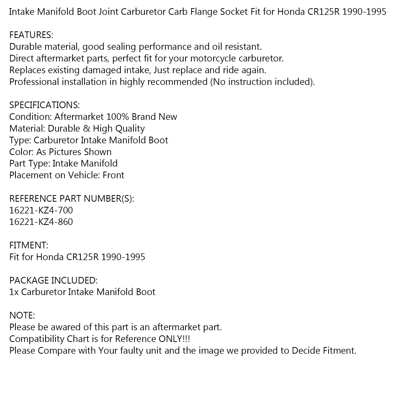 363198990727-1471005198023 Tubi di aspirazione carburatore per Honda CR125R 1990-1995 16221-KZ4-700